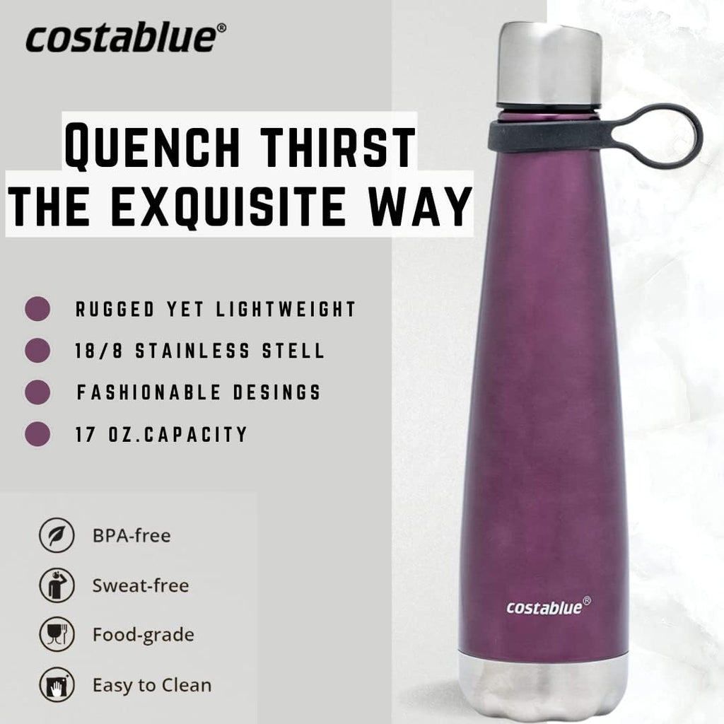 Insulated Water Bottle - On-The-Go Refillable Stainless Steel Water Bottles For Adults, Reusable Thermos Travel Tumbler With Leak-proof Lid For Hot & Cold Beverages (17Oz. Purple)