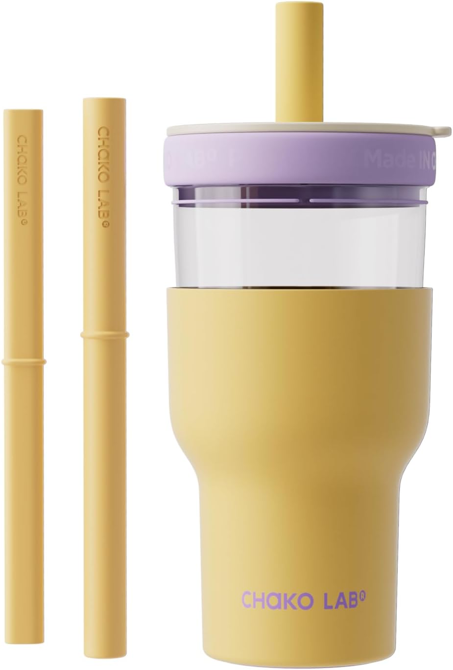 CHAKO LAB Insulated Stainless Steel Water Bottle | Dual-layer tumbler with Glass Linner and Stainsteel Linner | BPA-Free Leak Proof Thermos | 20oz Bottle with Two Straw | Yellow & Purple