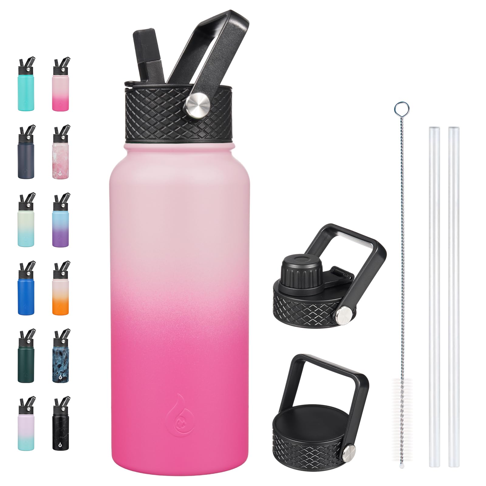 BJPKPK Insulated Water Bottles with Straw Lid, 18oz Stainless Steel Metal Water Bottle, Cold Hot Thermo with 3 Lids, Leak Proof BPA Free Travel Cup, Wide Mouth Flasks, Thermo -Mint