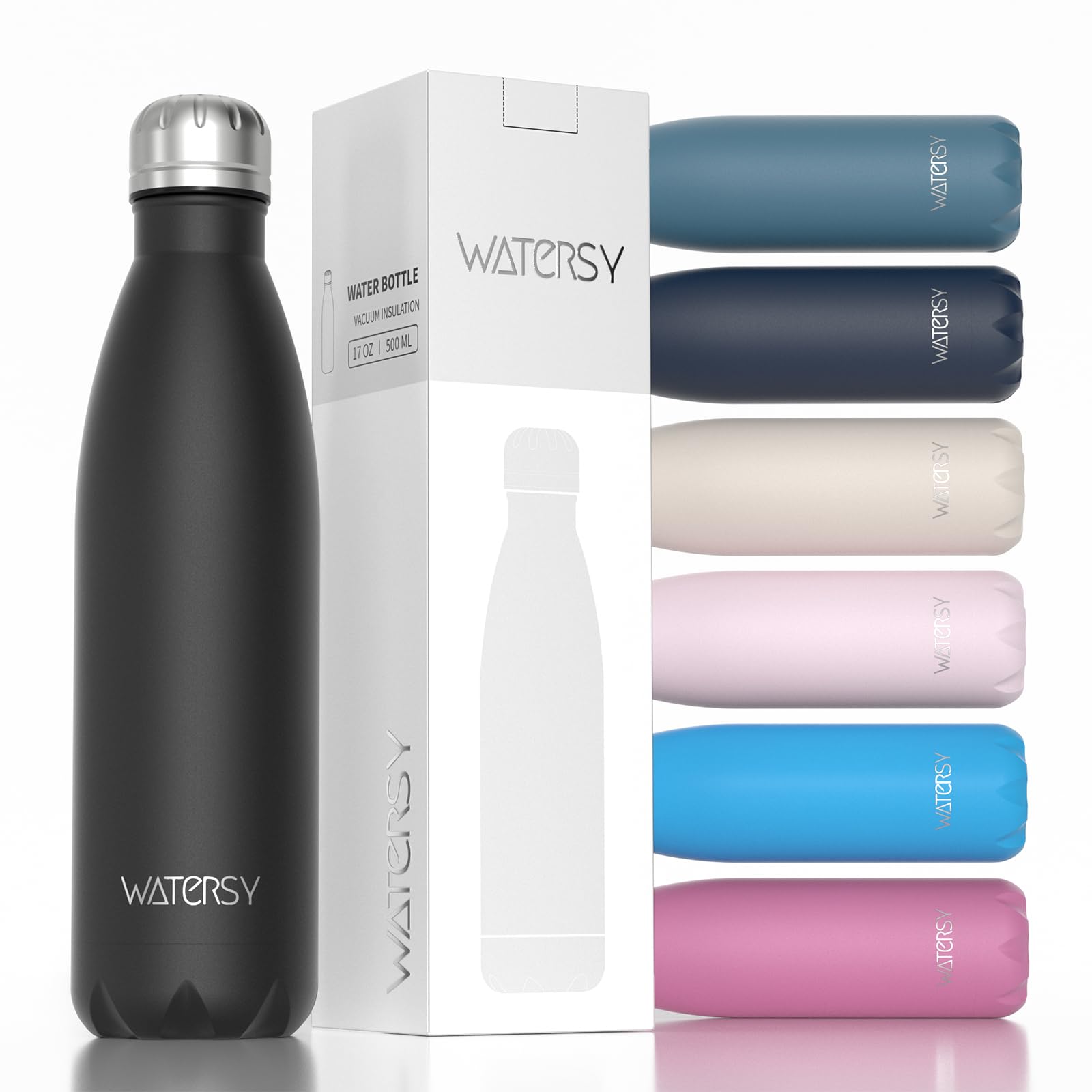 WATERSY Stainless Steel water bottles,17oz/500ml Insulated Water Bottles,Deep Blue metal water bottle Keeps Drink Cold and Hot,BPA Free kids water bottles for School,Gym,Travel,Sports