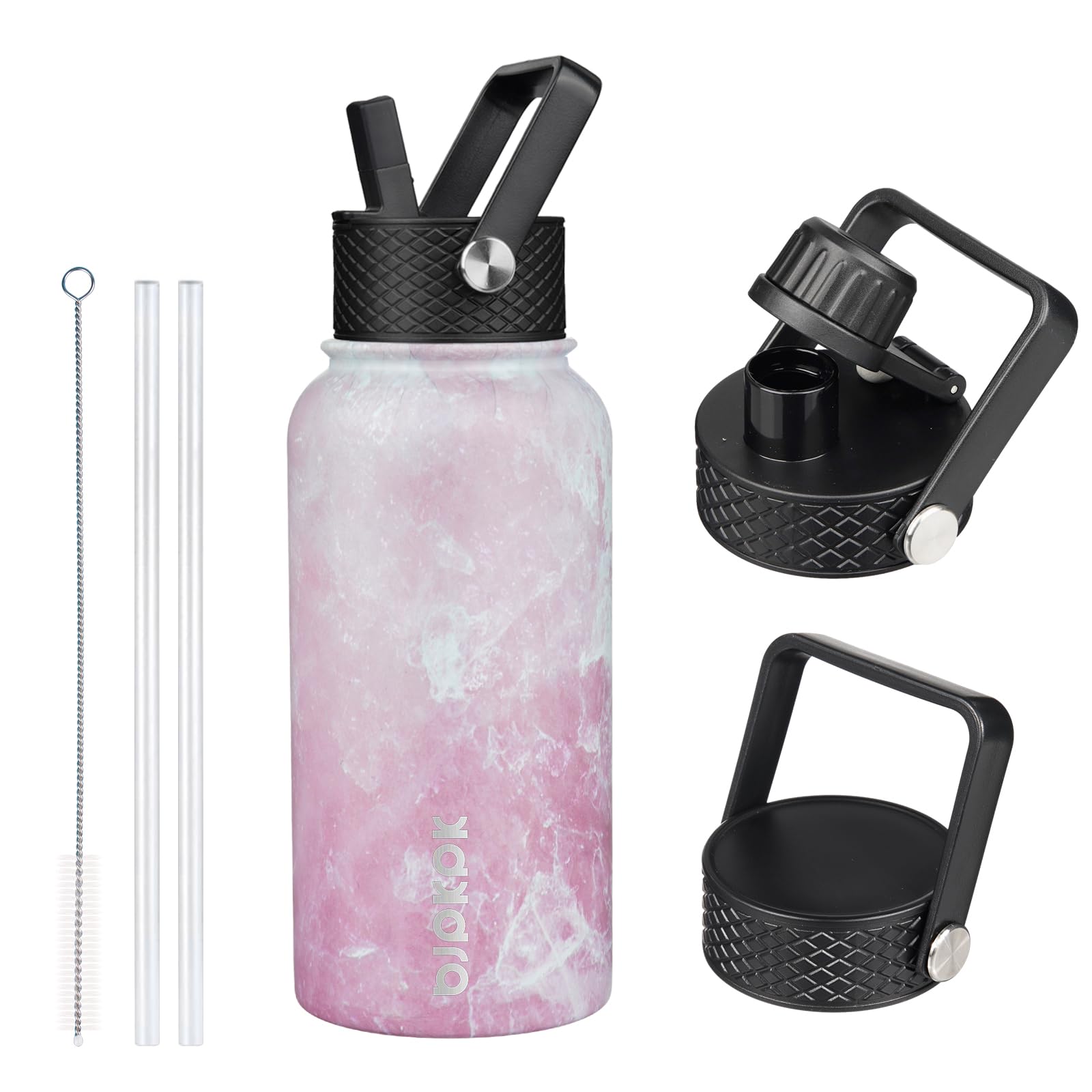 BJPKPK Insulated Water Bottles with Straw Lid, 18oz Stainless Steel Metal Water Bottle, Cold Hot Thermo with 3 Lids, Leak Proof BPA Free Travel Cup, Wide Mouth Flasks, Thermo -Mint