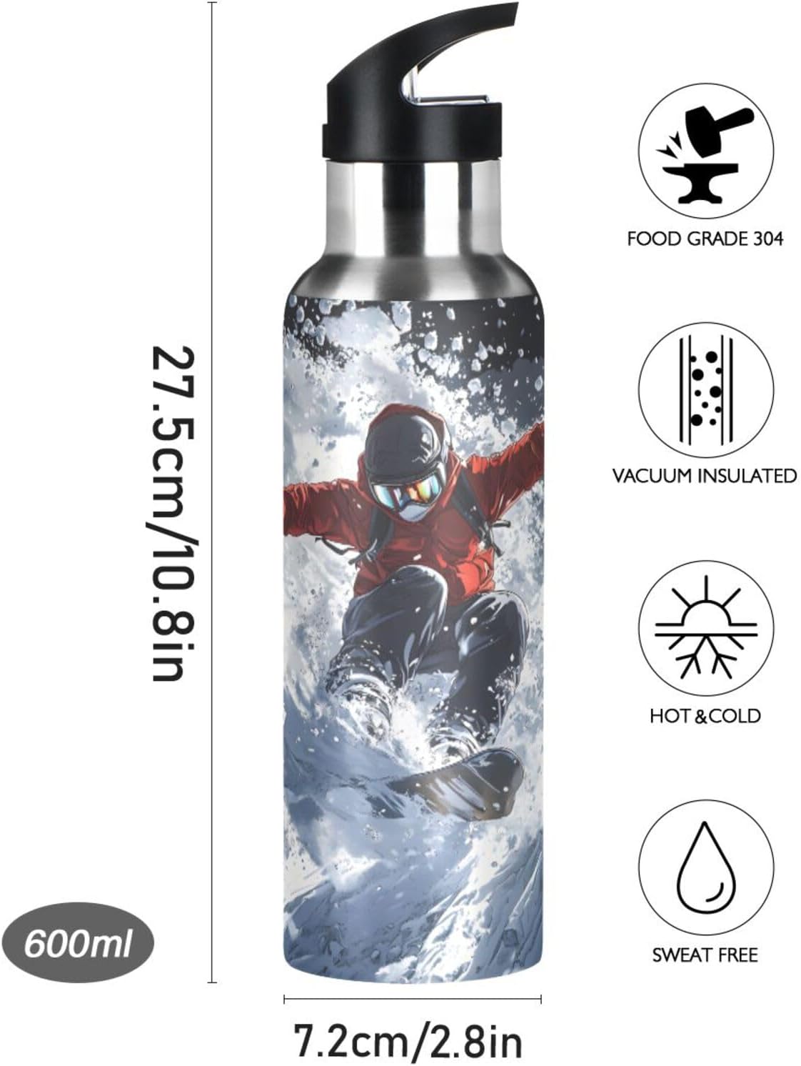 Ski Water Bottle Kids Insulated Sports Vacuum Stainless Steel Mug with Straw Lid & Handle 20 oz