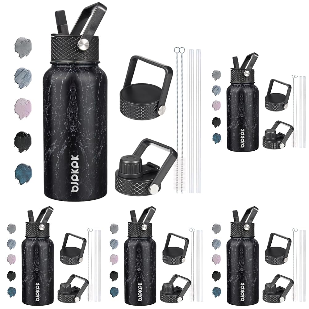 BJPKPK Insulated Water Bottles with Straw Lid, 18oz Stainless Steel Metal Water Bottle, Cold Hot Thermo with 3 Lids, Leak Proof BPA Free Travel Cup, Wide Mouth Flasks, Thermo -Mint