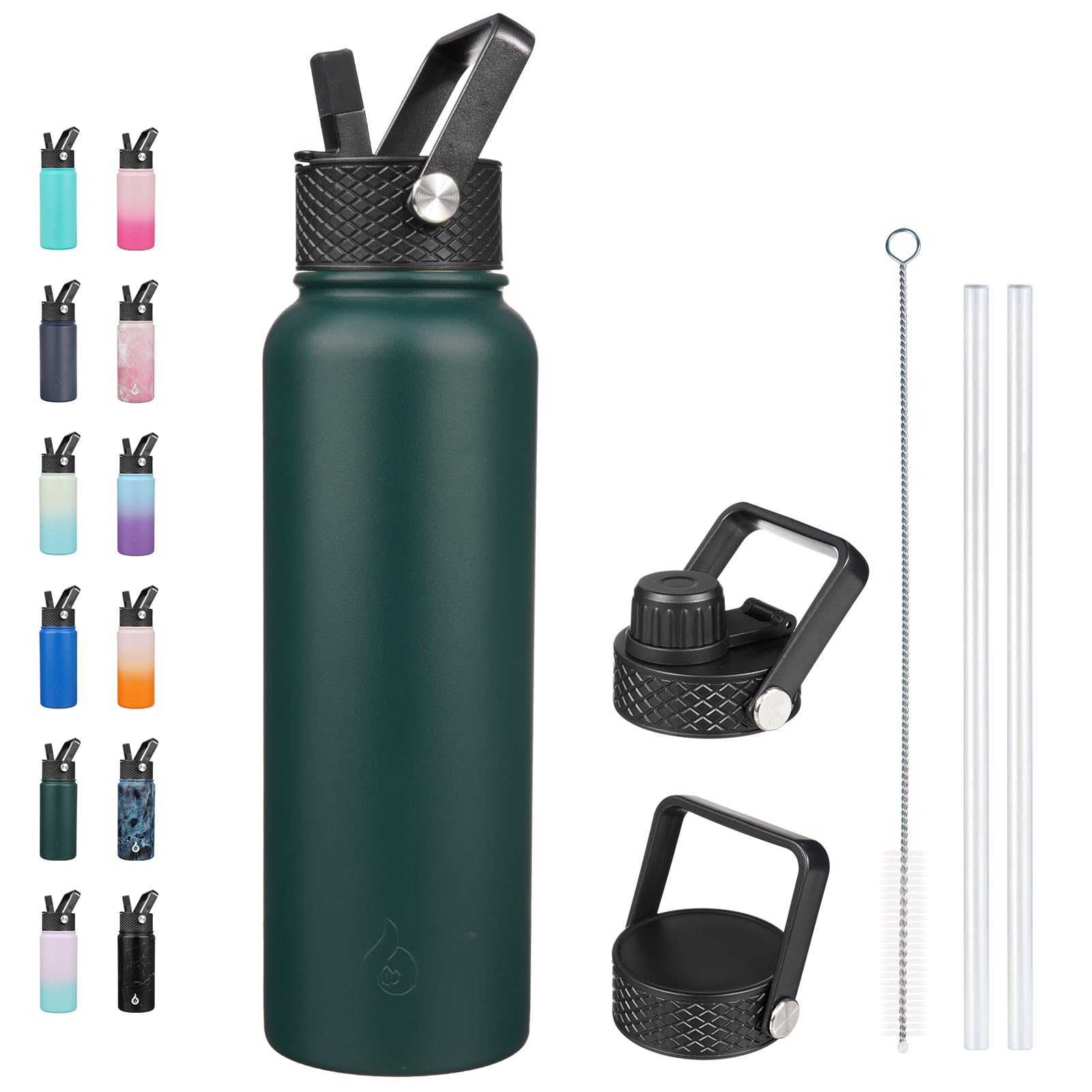 BJPKPK Insulated Water Bottles with Straw Lid, 18oz Stainless Steel Metal Water Bottle, Cold Hot Thermo with 3 Lids, Leak Proof BPA Free Travel Cup, Wide Mouth Flasks, Thermo -Mint