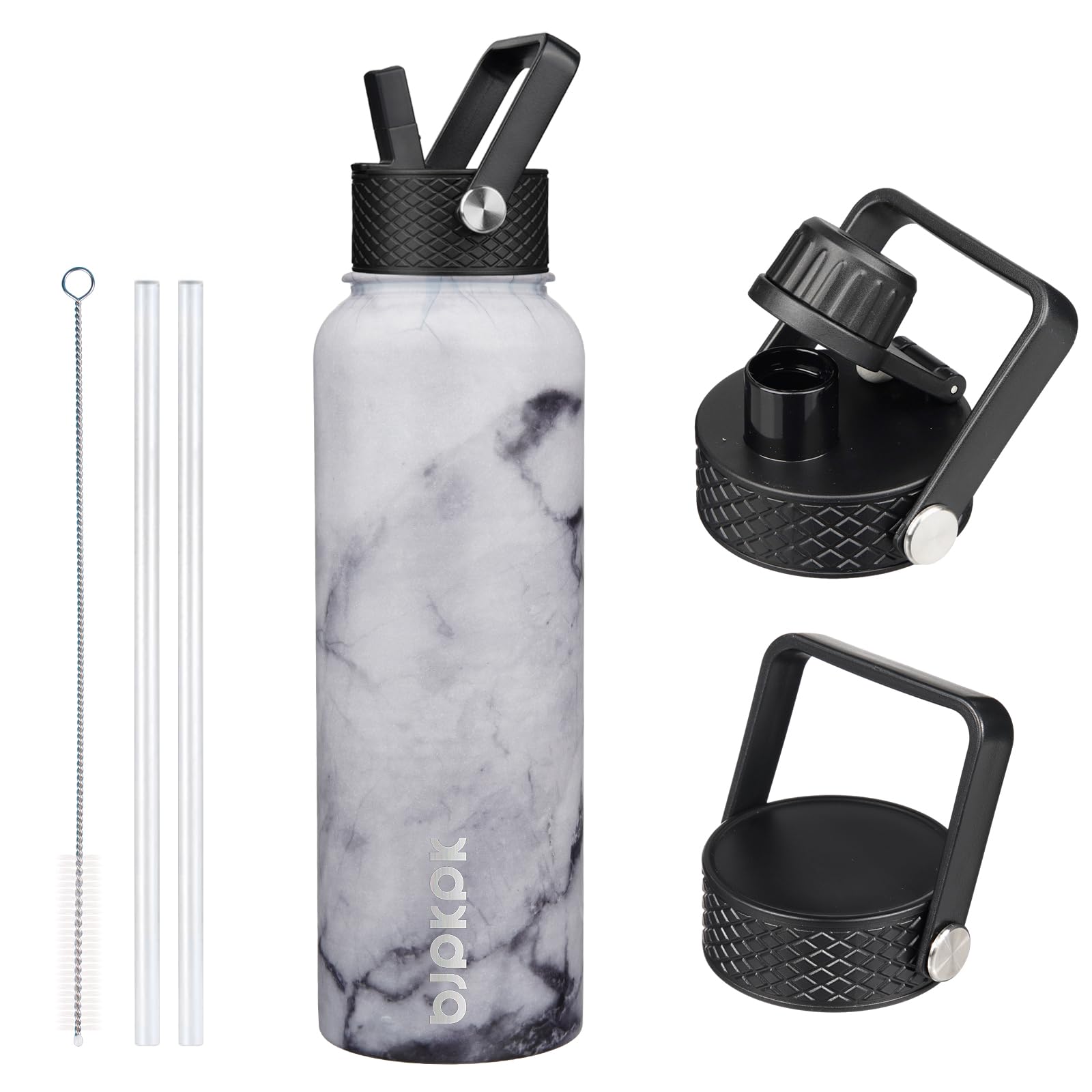 BJPKPK Insulated Water Bottles with Straw Lid, 18oz Stainless Steel Metal Water Bottle, Cold Hot Thermo with 3 Lids, Leak Proof BPA Free Travel Cup, Wide Mouth Flasks, Thermo -Mint