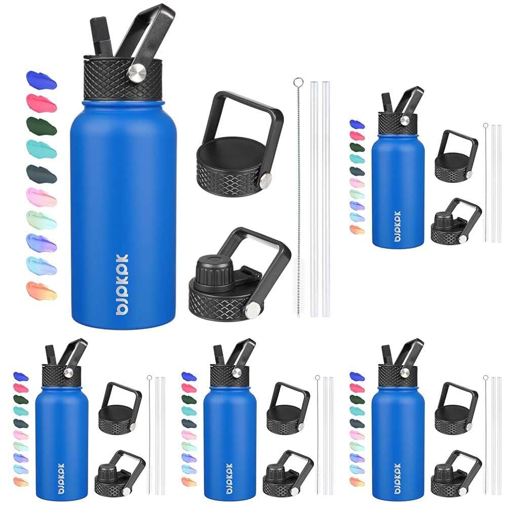 BJPKPK Insulated Water Bottles with Straw Lid, 18oz Stainless Steel Metal Water Bottle, Cold Hot Thermo with 3 Lids, Leak Proof BPA Free Travel Cup, Wide Mouth Flasks, Thermo -Mint