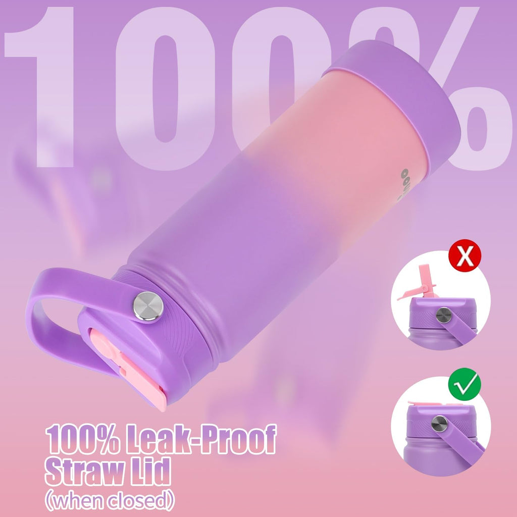 Mininoo Insulated Stainless Steel Kids Water Bottle for School with Straw Lid & Strap, 50 Stickers, 18 oz(Purple/Pink)