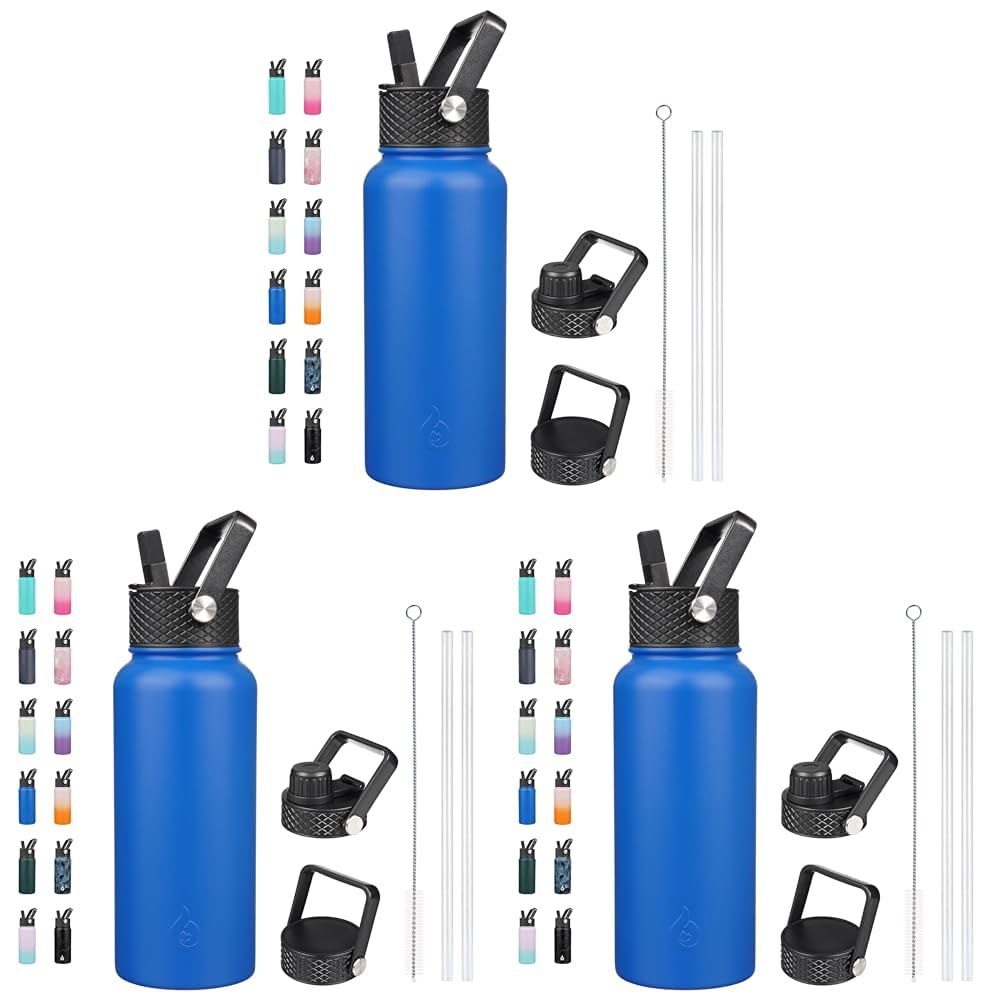 BJPKPK Insulated Water Bottles with Straw Lid, 18oz Stainless Steel Metal Water Bottle, Cold Hot Thermo with 3 Lids, Leak Proof BPA Free Travel Cup, Wide Mouth Flasks, Thermo -Mint