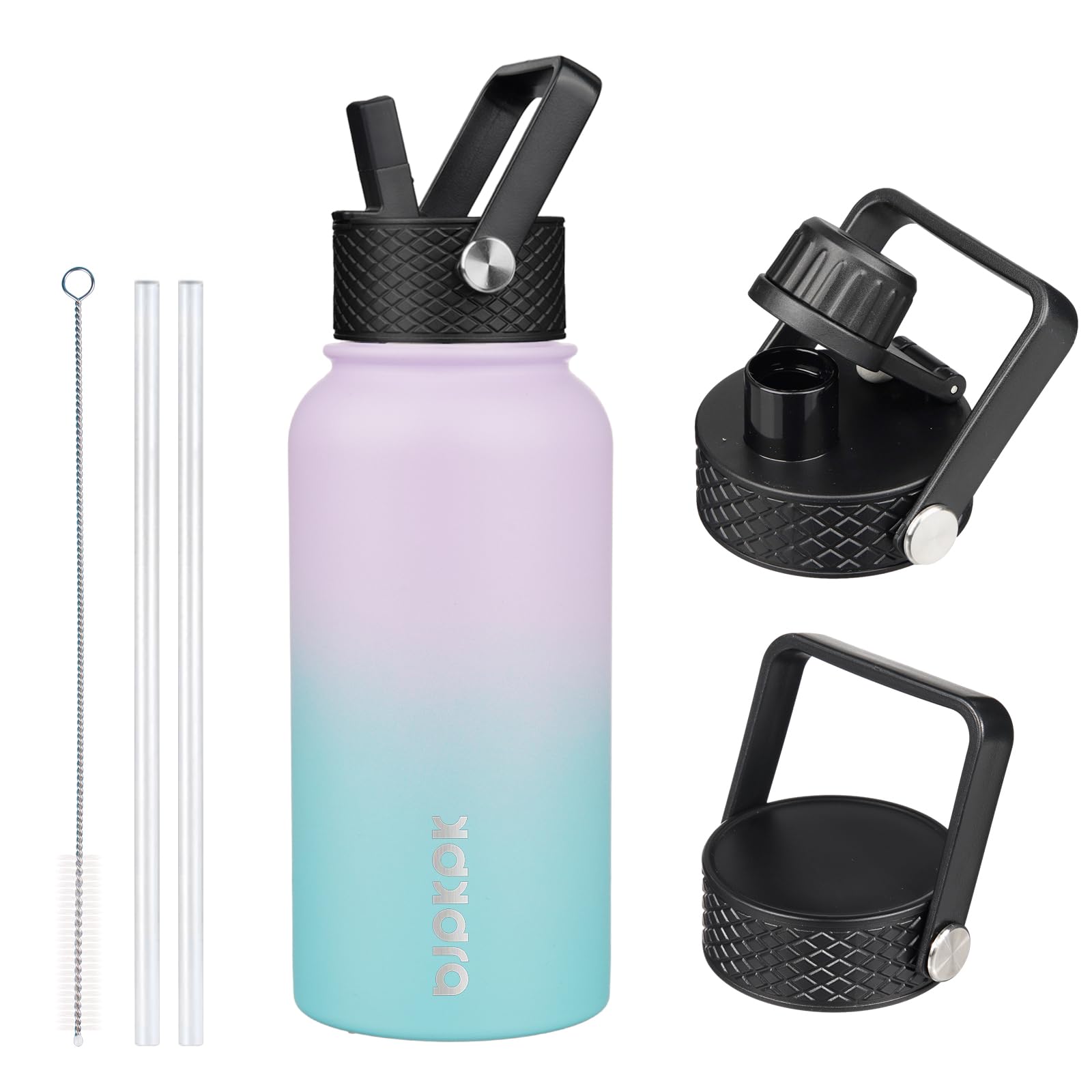 BJPKPK Insulated Water Bottles with Straw Lid, 18oz Stainless Steel Metal Water Bottle, Cold Hot Thermo with 3 Lids, Leak Proof BPA Free Travel Cup, Wide Mouth Flasks, Thermo -Mint