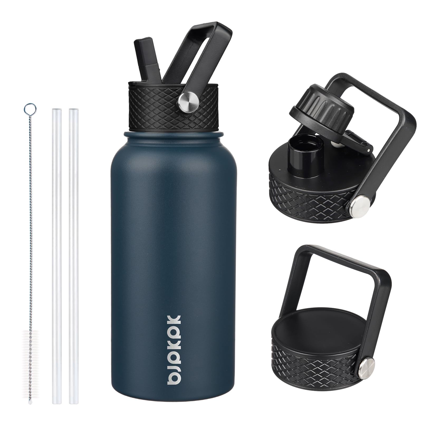 BJPKPK Insulated Water Bottles with Straw Lid, 18oz Stainless Steel Metal Water Bottle, Cold Hot Thermo with 3 Lids, Leak Proof BPA Free Travel Cup, Wide Mouth Flasks, Thermo -Mint