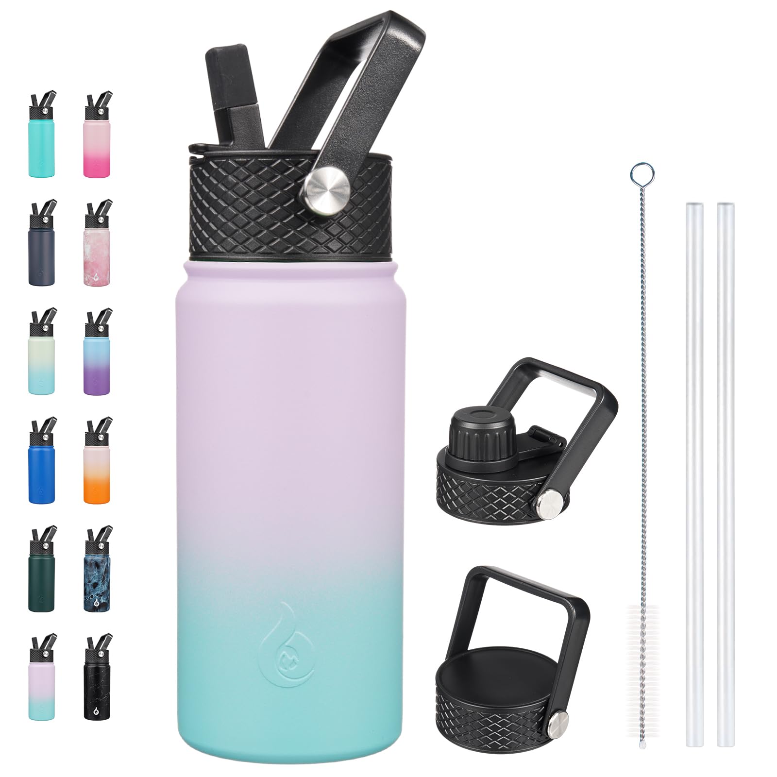 BJPKPK Insulated Water Bottles with Straw Lid, 18oz Stainless Steel Metal Water Bottle, Cold Hot Thermo with 3 Lids, Leak Proof BPA Free Travel Cup, Wide Mouth Flasks, Thermo -Mint