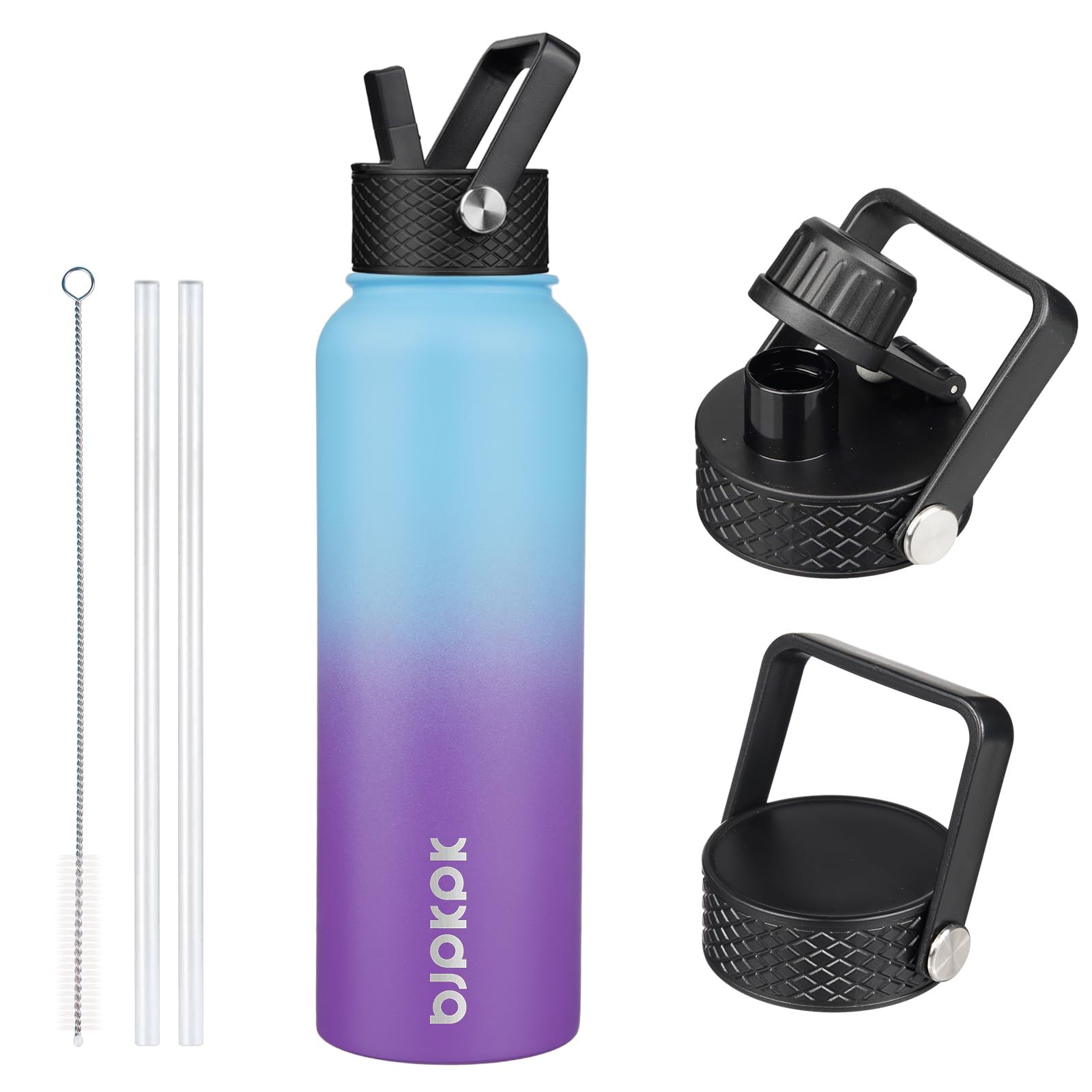 BJPKPK Insulated Water Bottles with Straw Lid, 18oz Stainless Steel Metal Water Bottle, Cold Hot Thermo with 3 Lids, Leak Proof BPA Free Travel Cup, Wide Mouth Flasks, Thermo -Mint