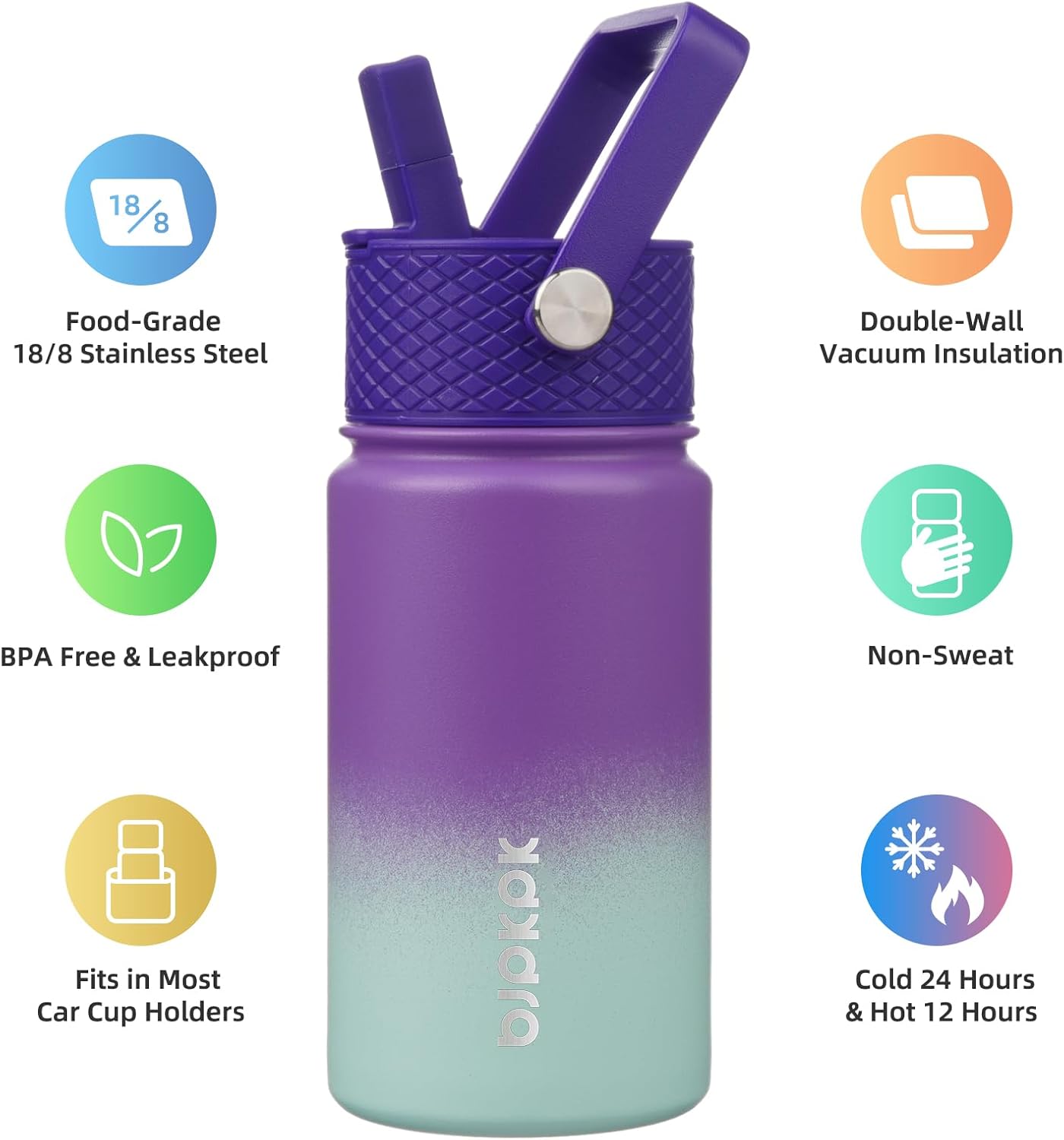 BJPKPK Insulated Water Bottle with Straw Lid, 15 oz Stainless Steel Metal Water Bottles, Reusable Leak Proof BPA Free Thermo, Flask, Cups - Lavender