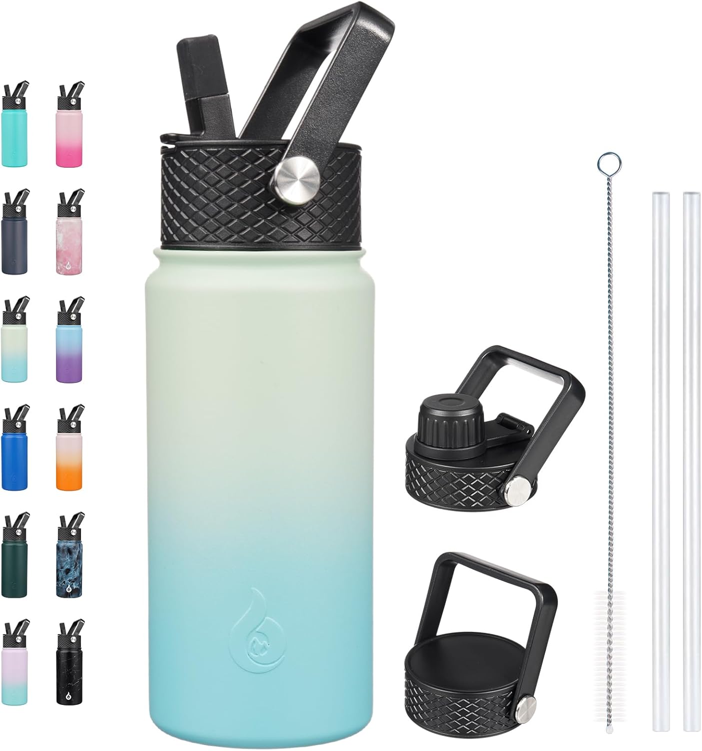 BJPKPK Insulated Water Bottles with Straw Lid, 18oz Stainless Steel Metal Water Bottle, Cold Hot Thermo with 3 Lids, Leak Proof BPA Free Travel Cup, Wide Mouth Flasks, Thermo -Mint