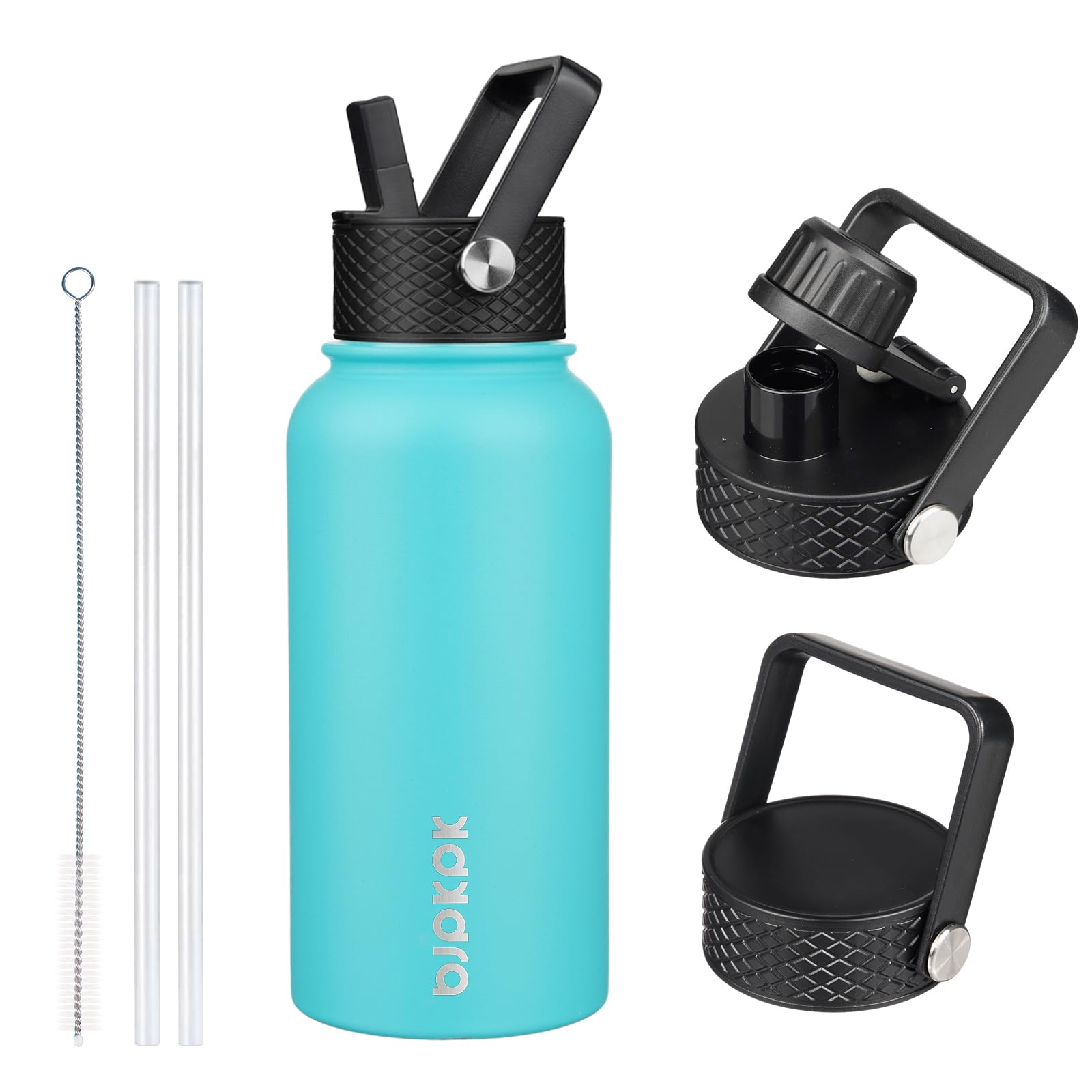 BJPKPK Insulated Water Bottles with Straw Lid, 18oz Stainless Steel Metal Water Bottle, Cold Hot Thermo with 3 Lids, Leak Proof BPA Free Travel Cup, Wide Mouth Flasks, Thermo -Mint