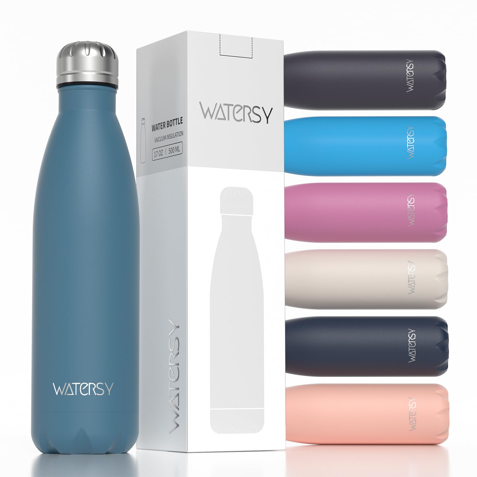 WATERSY Stainless Steel water bottles,17oz/500ml Insulated Water Bottles,Deep Blue metal water bottle Keeps Drink Cold and Hot,BPA Free kids water bottles for School,Gym,Travel,Sports