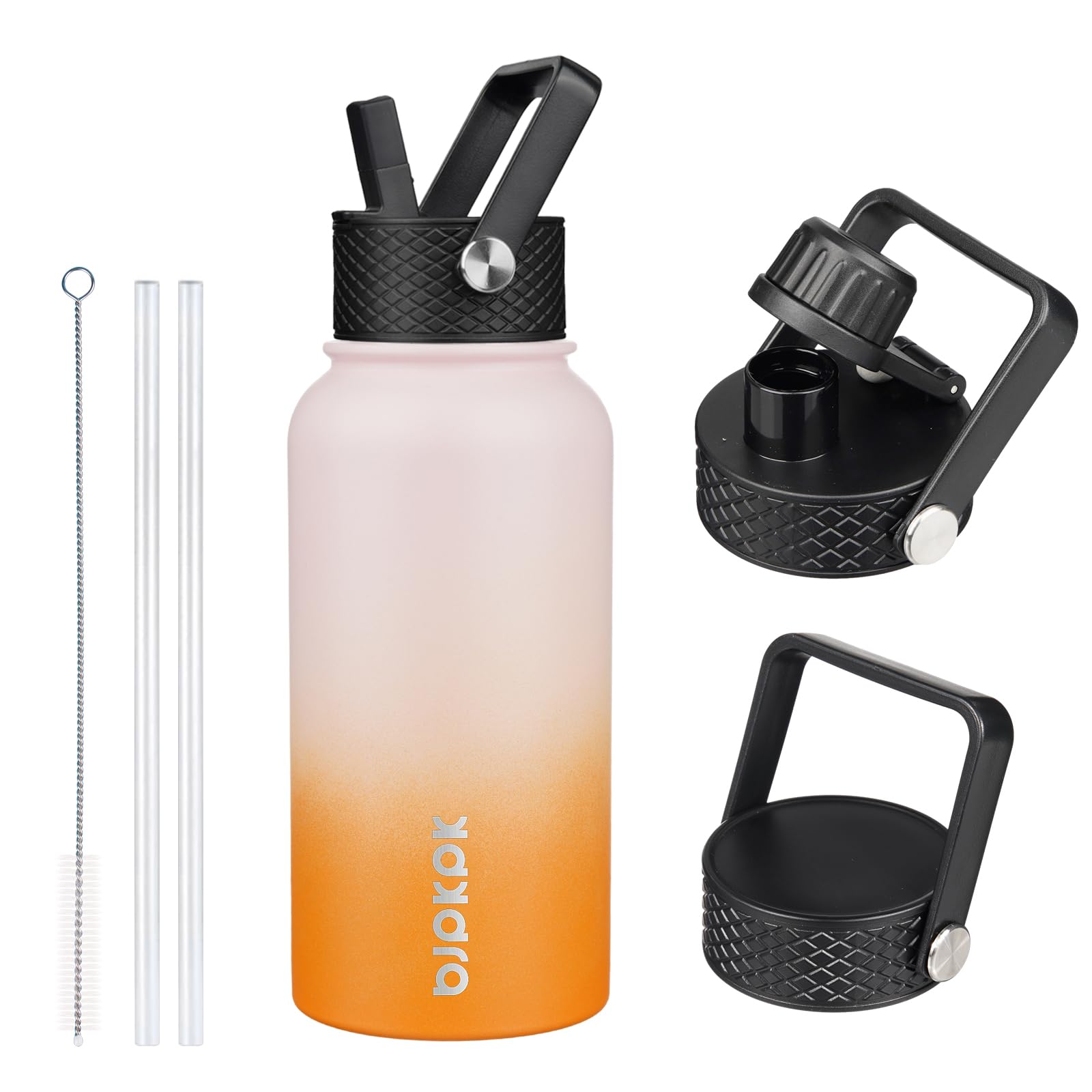 BJPKPK Insulated Water Bottles with Straw Lid, 18oz Stainless Steel Metal Water Bottle, Cold Hot Thermo with 3 Lids, Leak Proof BPA Free Travel Cup, Wide Mouth Flasks, Thermo -Mint