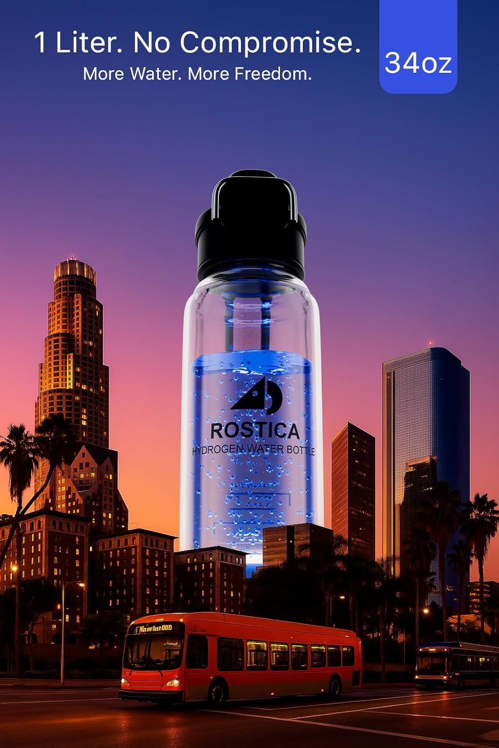 Hydrogen Water Bottle Generator 1 L (34 oz) – Reusable, Portable Glass Hydrogen Water Maker with SPE PEM Technology, Rechargeable H2 Bottle for Home, Gym & Office by ROSTICA