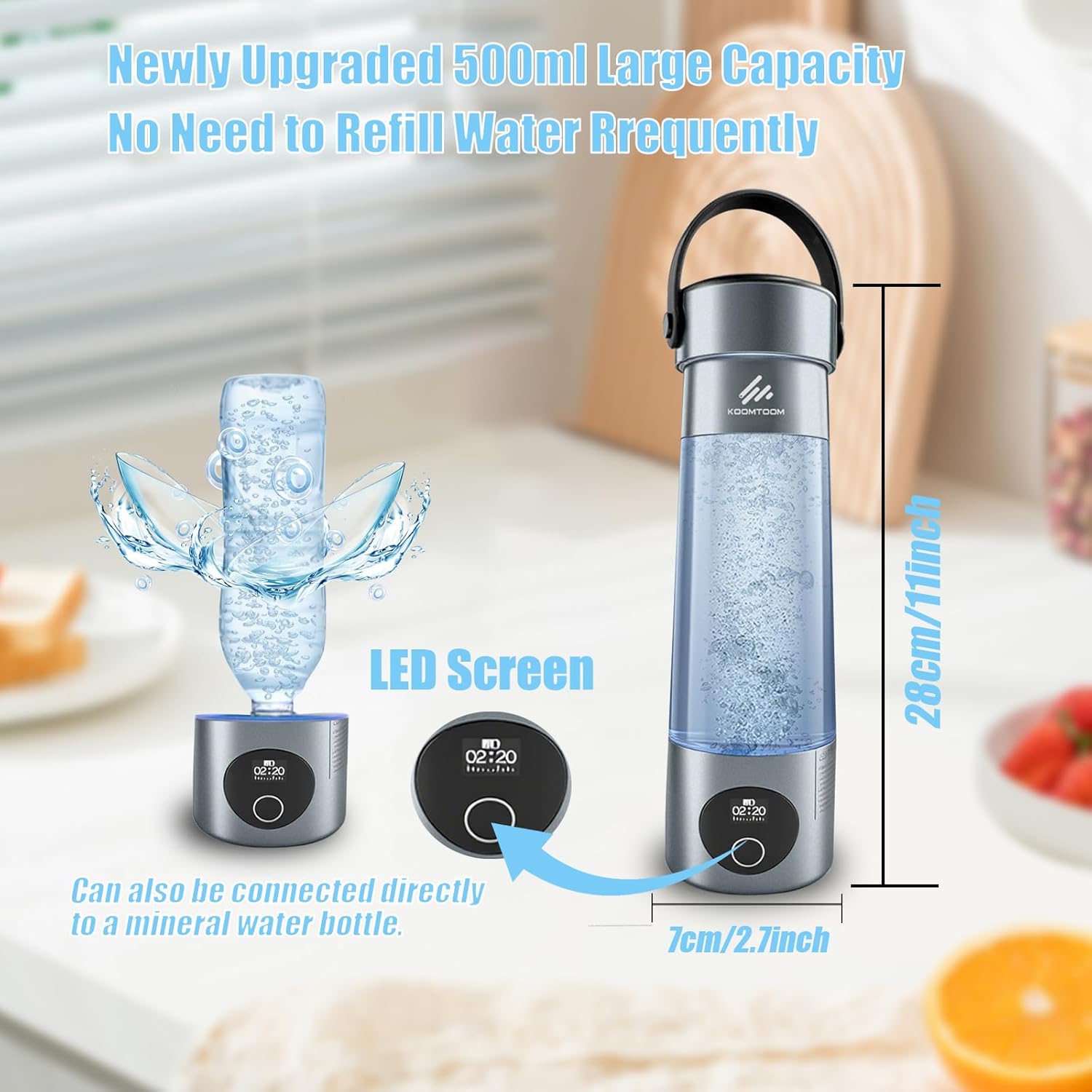 KOOMTOOM 500ML Hydrogen Water Bottle,2025 Portable Hydrogen Generator with Handle,SPE & PEM Technology,6000 PPB Concentration,17OZ Hydrogen Water Generator Healthy Gift for Lover,Family (Dark Grey)