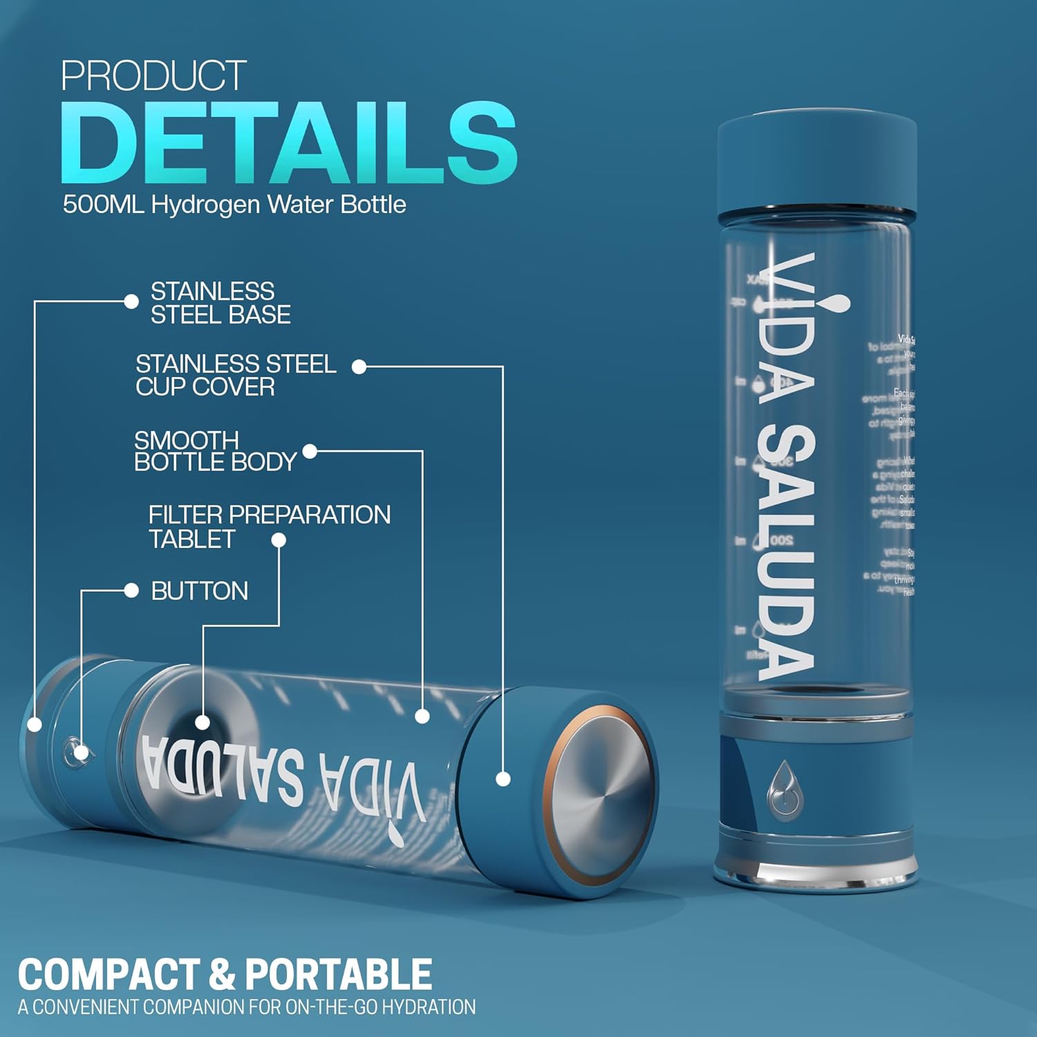 500ml (17oz) Premium Portable Hydrogen Water Bottle Generator –Under 3 Min Cycle, High-Concentration PPB, Advanced SPE/PEM, Self-Cleaning, Ionized Alkaline Water for Detox, Energy & Superior Hydration