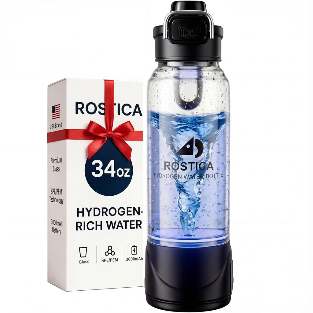 Hydrogen Water Bottle Generator 1 L (34 oz) – Reusable, Portable Glass Hydrogen Water Maker with SPE PEM Technology, Rechargeable H2 Bottle for Home, Gym & Office by ROSTICA