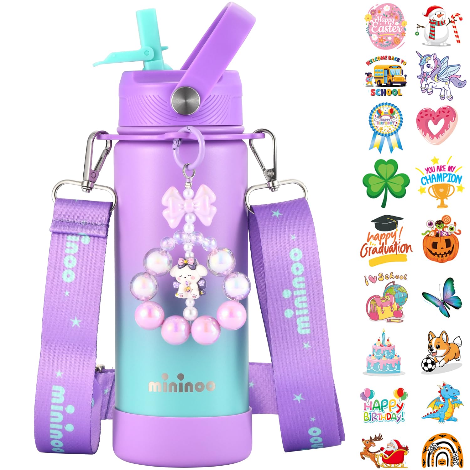 Mininoo Insulated Stainless Steel Kids Water Bottle for School with Straw Lid & Strap, 50 Stickers, 18 oz(Purple/Pink)