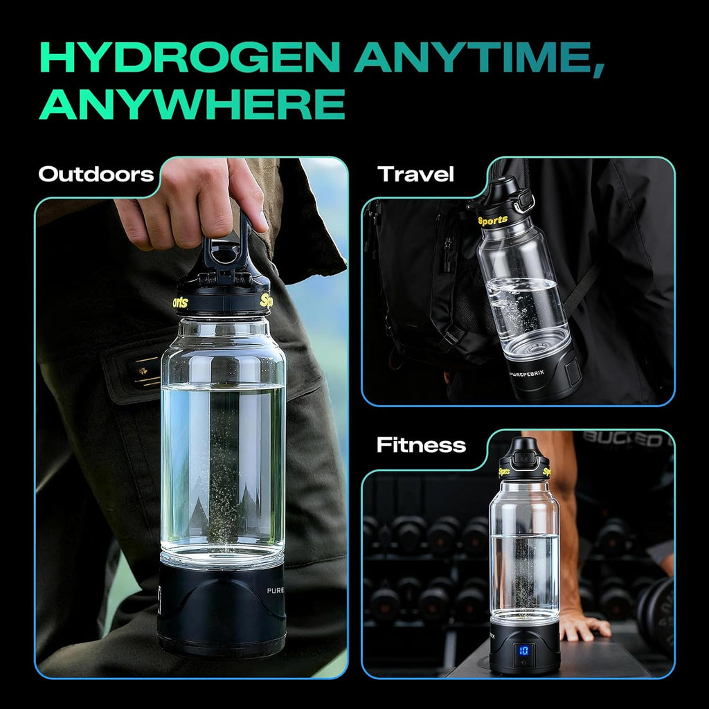 Upgraded Hydrogen Water Bottle Glass Generator - 34oz Borosilicate Glass, SPE/PEM Tech, Leak-Proof Lid, Easy-Carry Handle, Sports-Inspired Design for Home, Office & Travel Hydration