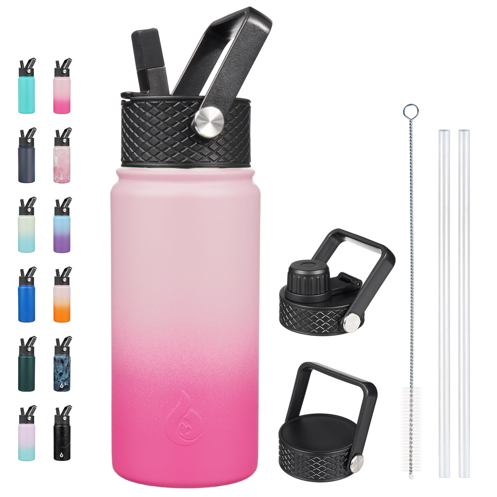 BJPKPK Insulated Water Bottles with Straw Lid, 18oz Stainless Steel Metal Water Bottle, Cold Hot Thermo with 3 Lids, Leak Proof BPA Free Travel Cup, Wide Mouth Flasks, Thermo -Mint