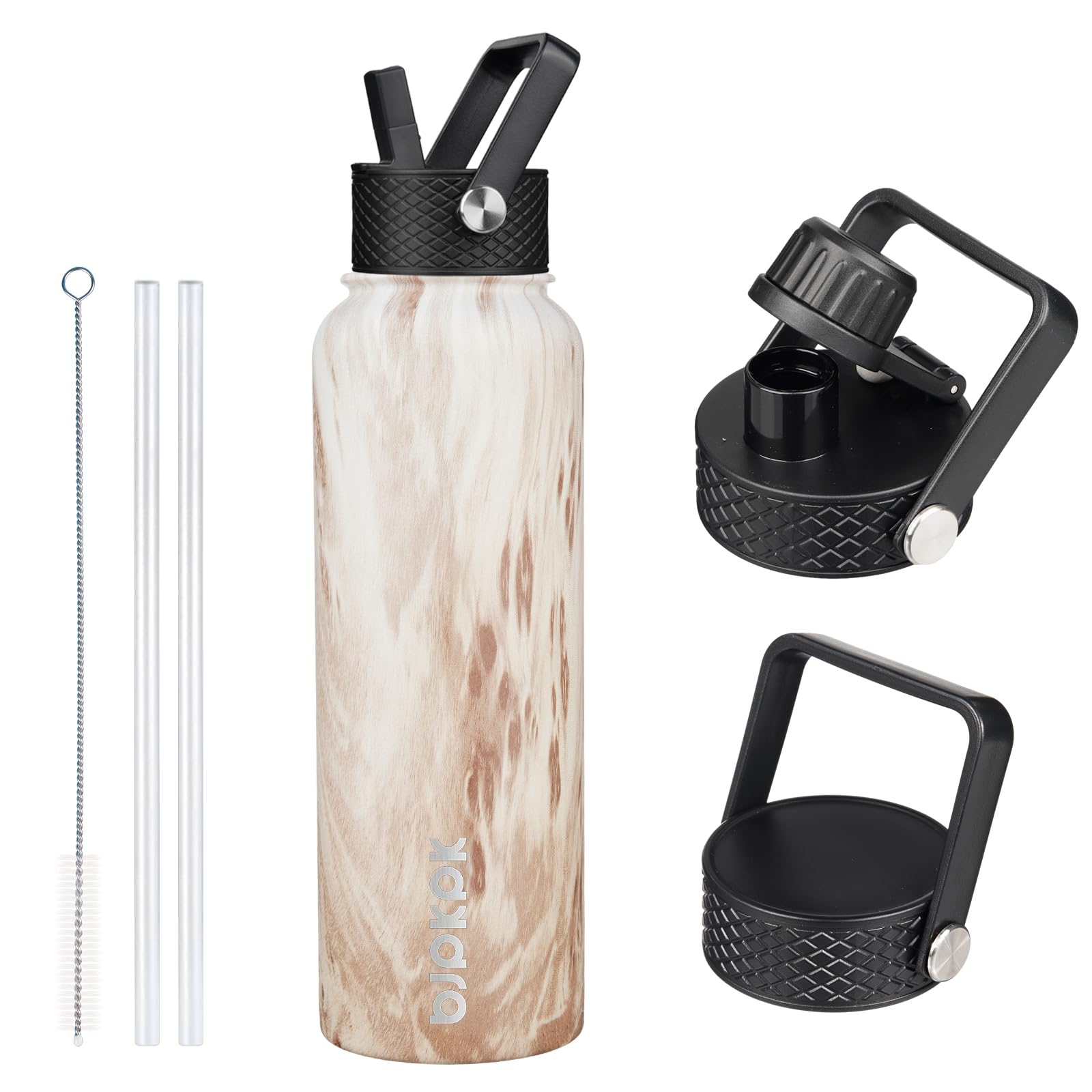 BJPKPK Insulated Water Bottles with Straw Lid, 18oz Stainless Steel Metal Water Bottle, Cold Hot Thermo with 3 Lids, Leak Proof BPA Free Travel Cup, Wide Mouth Flasks, Thermo -Mint