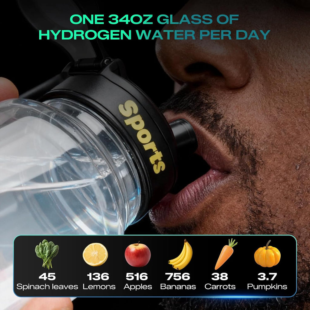 Upgraded Hydrogen Water Bottle Glass Generator - 34oz Borosilicate Glass, SPE/PEM Tech, Leak-Proof Lid, Easy-Carry Handle, Sports-Inspired Design for Home, Office & Travel Hydration