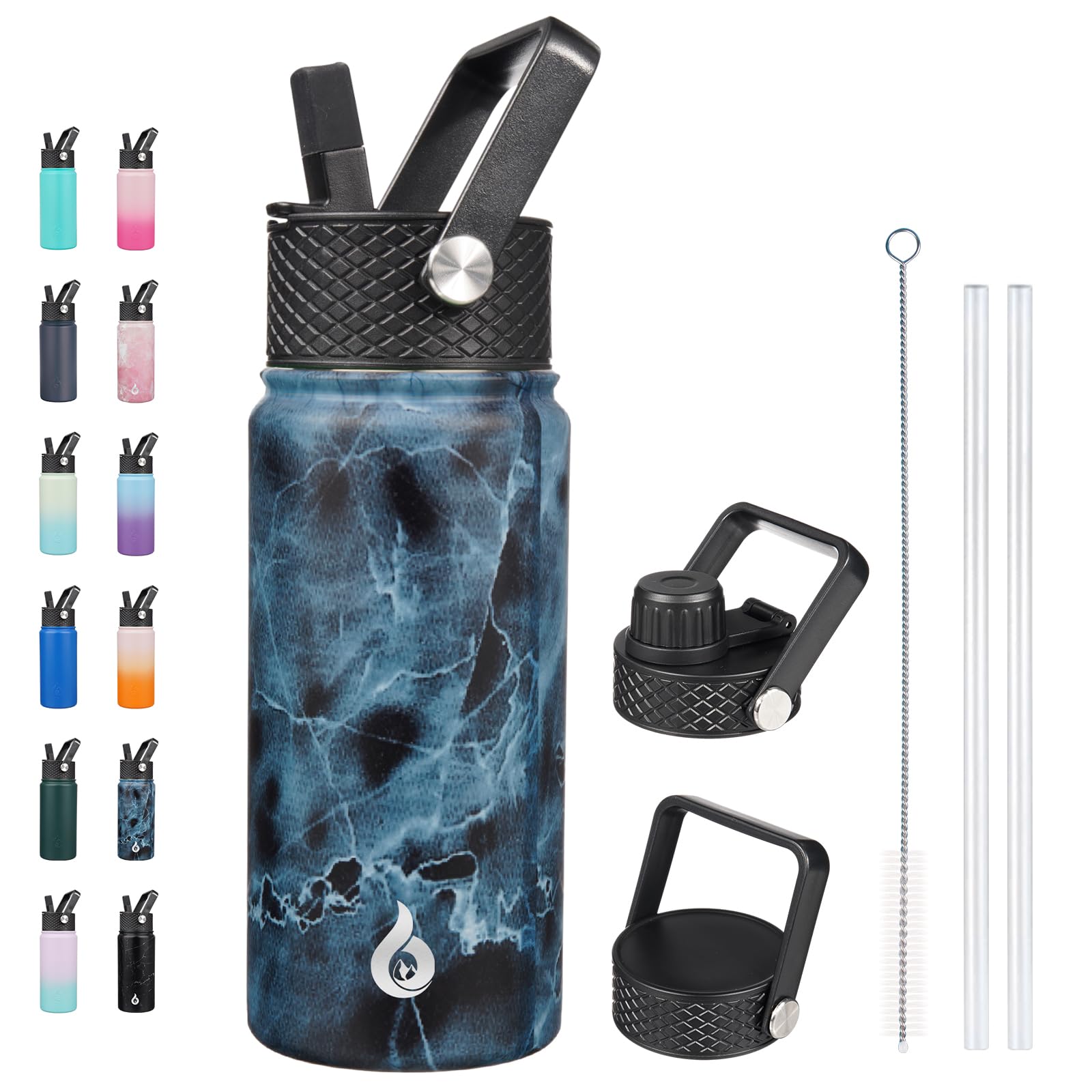 BJPKPK Insulated Water Bottles with Straw Lid, 18oz Stainless Steel Metal Water Bottle, Cold Hot Thermo with 3 Lids, Leak Proof BPA Free Travel Cup, Wide Mouth Flasks, Thermo -Mint