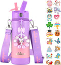Mininoo Insulated Stainless Steel Kids Water Bottle for School with Straw Lid & Strap, 50 Stickers, 18 oz(Purple/Pink)