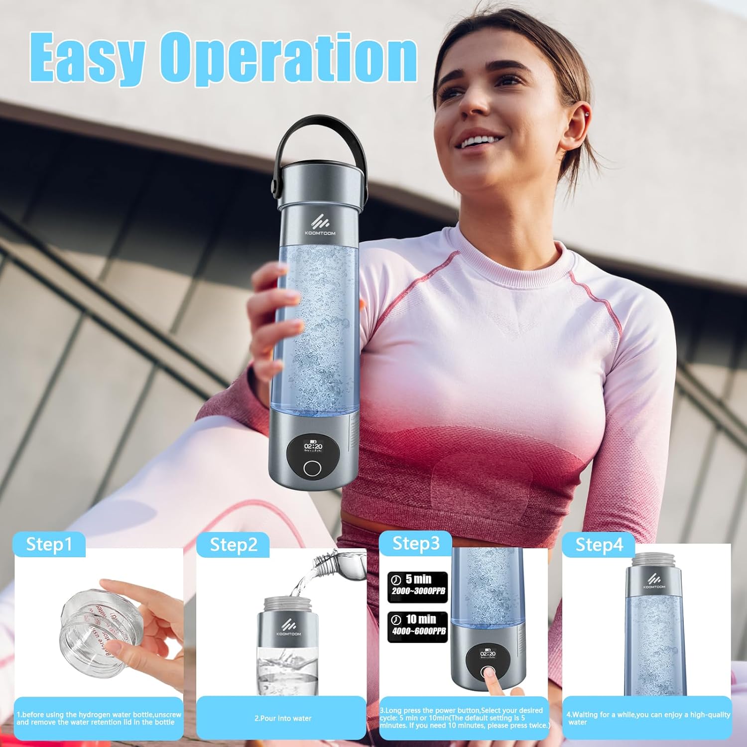 KOOMTOOM 500ML Hydrogen Water Bottle,2025 Portable Hydrogen Generator with Handle,SPE & PEM Technology,6000 PPB Concentration,17OZ Hydrogen Water Generator Healthy Gift for Lover,Family (Dark Grey)