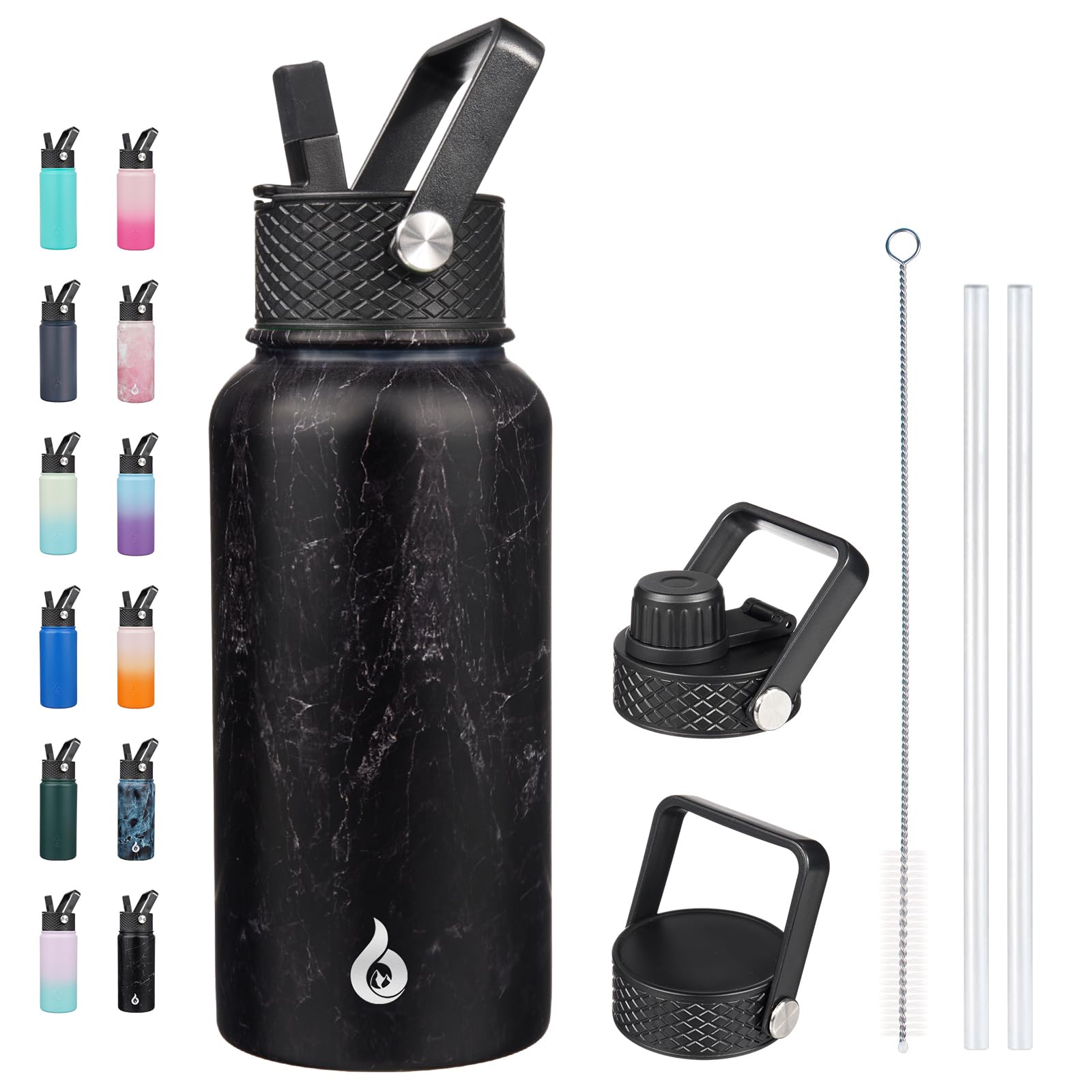 BJPKPK Insulated Water Bottles with Straw Lid, 18oz Stainless Steel Metal Water Bottle, Cold Hot Thermo with 3 Lids, Leak Proof BPA Free Travel Cup, Wide Mouth Flasks, Thermo -Mint