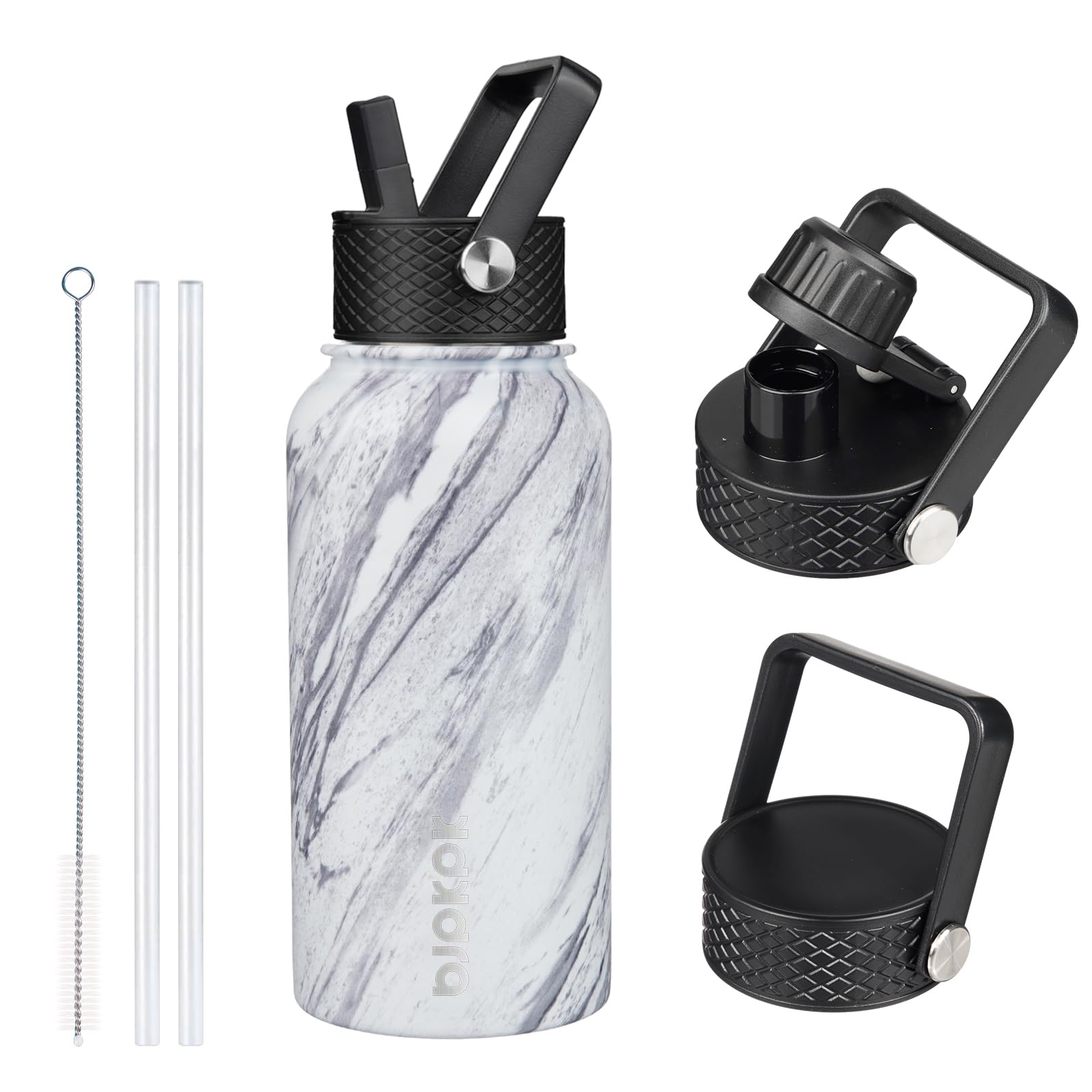 BJPKPK Insulated Water Bottles with Straw Lid, 18oz Stainless Steel Metal Water Bottle, Cold Hot Thermo with 3 Lids, Leak Proof BPA Free Travel Cup, Wide Mouth Flasks, Thermo -Mint