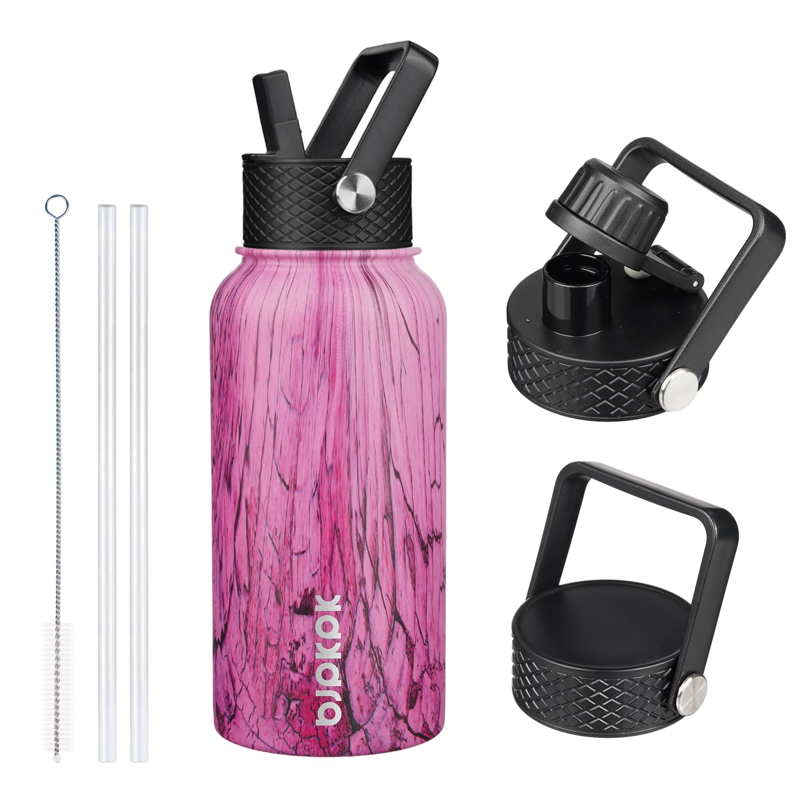 BJPKPK Insulated Water Bottles with Straw Lid, 18oz Stainless Steel Metal Water Bottle, Cold Hot Thermo with 3 Lids, Leak Proof BPA Free Travel Cup, Wide Mouth Flasks, Thermo -Mint