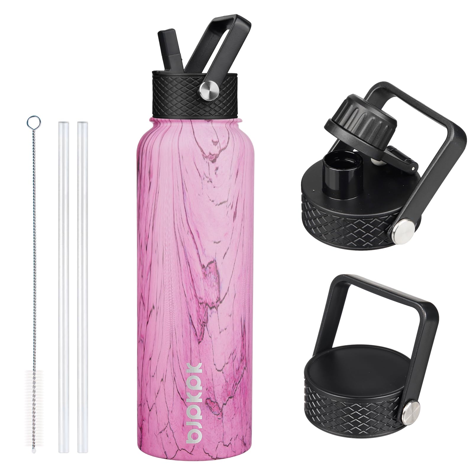 BJPKPK Insulated Water Bottles with Straw Lid, 18oz Stainless Steel Metal Water Bottle, Cold Hot Thermo with 3 Lids, Leak Proof BPA Free Travel Cup, Wide Mouth Flasks, Thermo -Mint