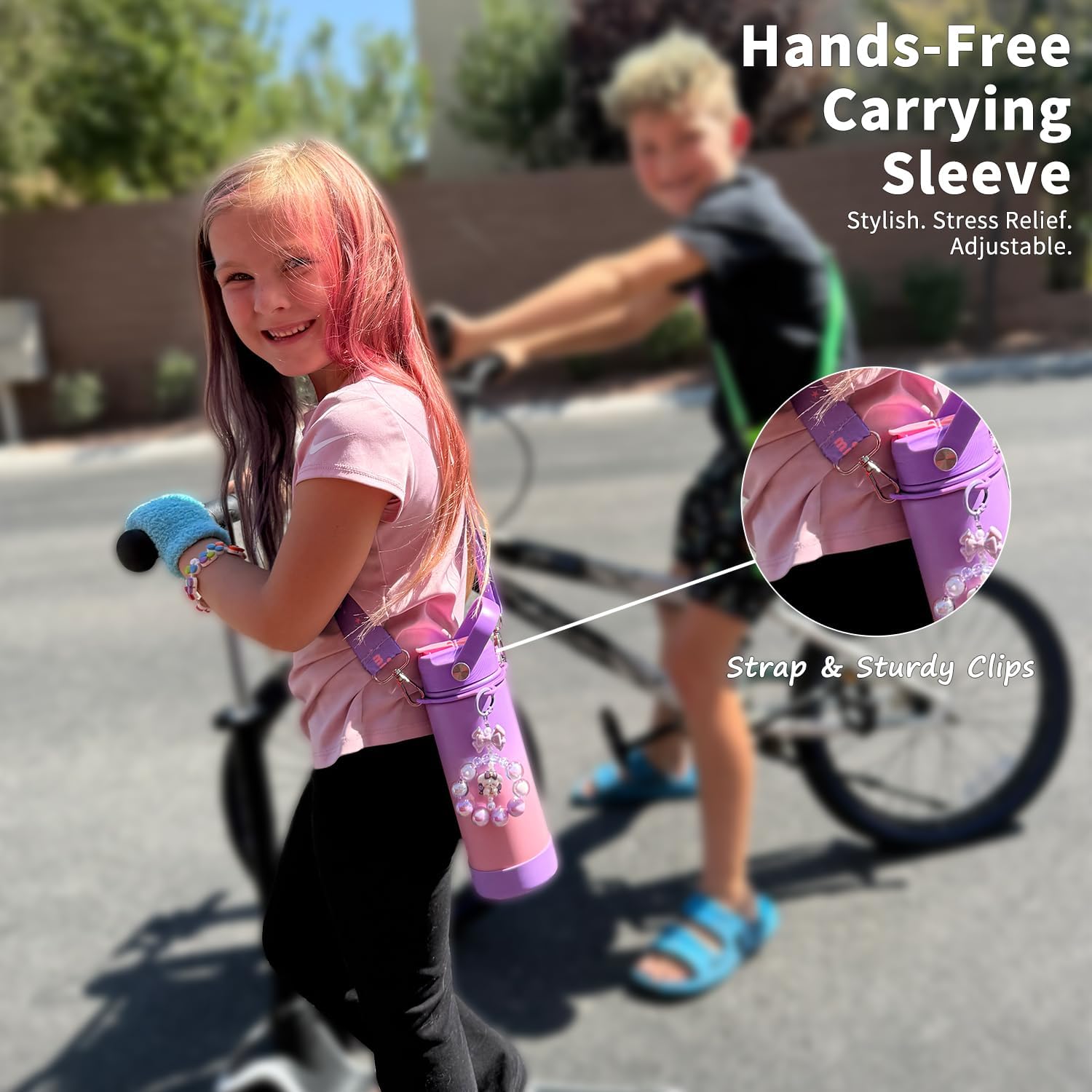 Mininoo Insulated Stainless Steel Kids Water Bottle for School with Straw Lid & Strap, 50 Stickers, 18 oz(Purple/Pink)