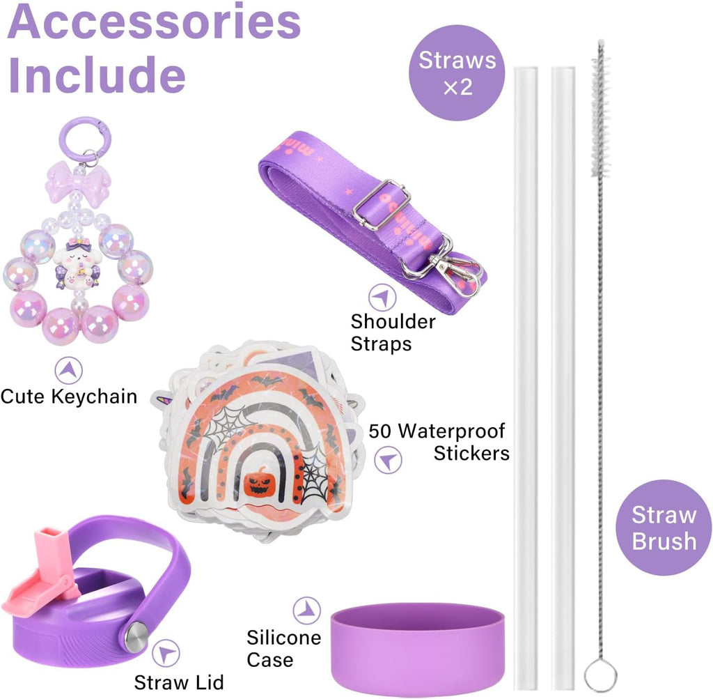Mininoo Insulated Stainless Steel Kids Water Bottle for School with Straw Lid & Strap, 50 Stickers, 18 oz(Purple/Pink)