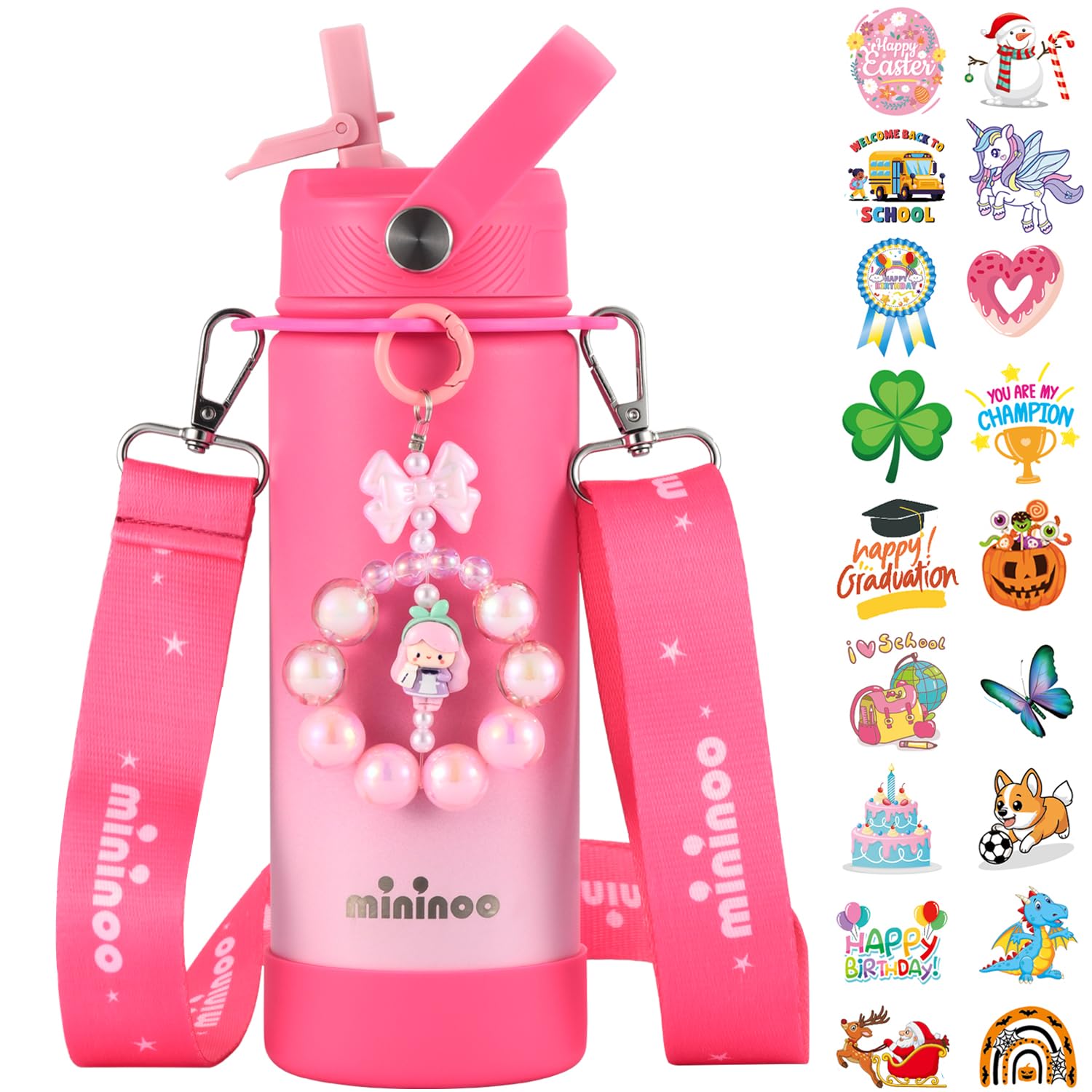 Mininoo Insulated Stainless Steel Kids Water Bottle for School with Straw Lid & Strap, 50 Stickers, 18 oz(Purple/Pink)
