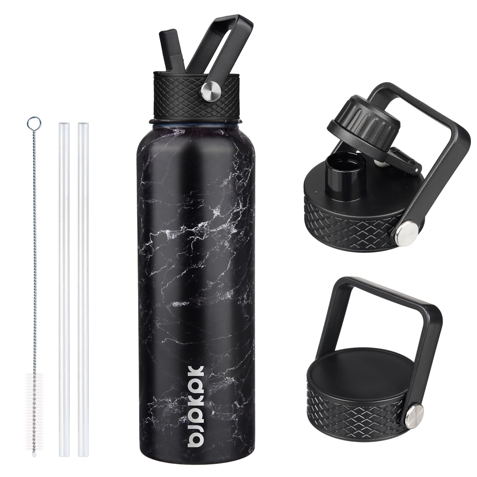 BJPKPK Insulated Water Bottles with Straw Lid, 18oz Stainless Steel Metal Water Bottle, Cold Hot Thermo with 3 Lids, Leak Proof BPA Free Travel Cup, Wide Mouth Flasks, Thermo -Mint