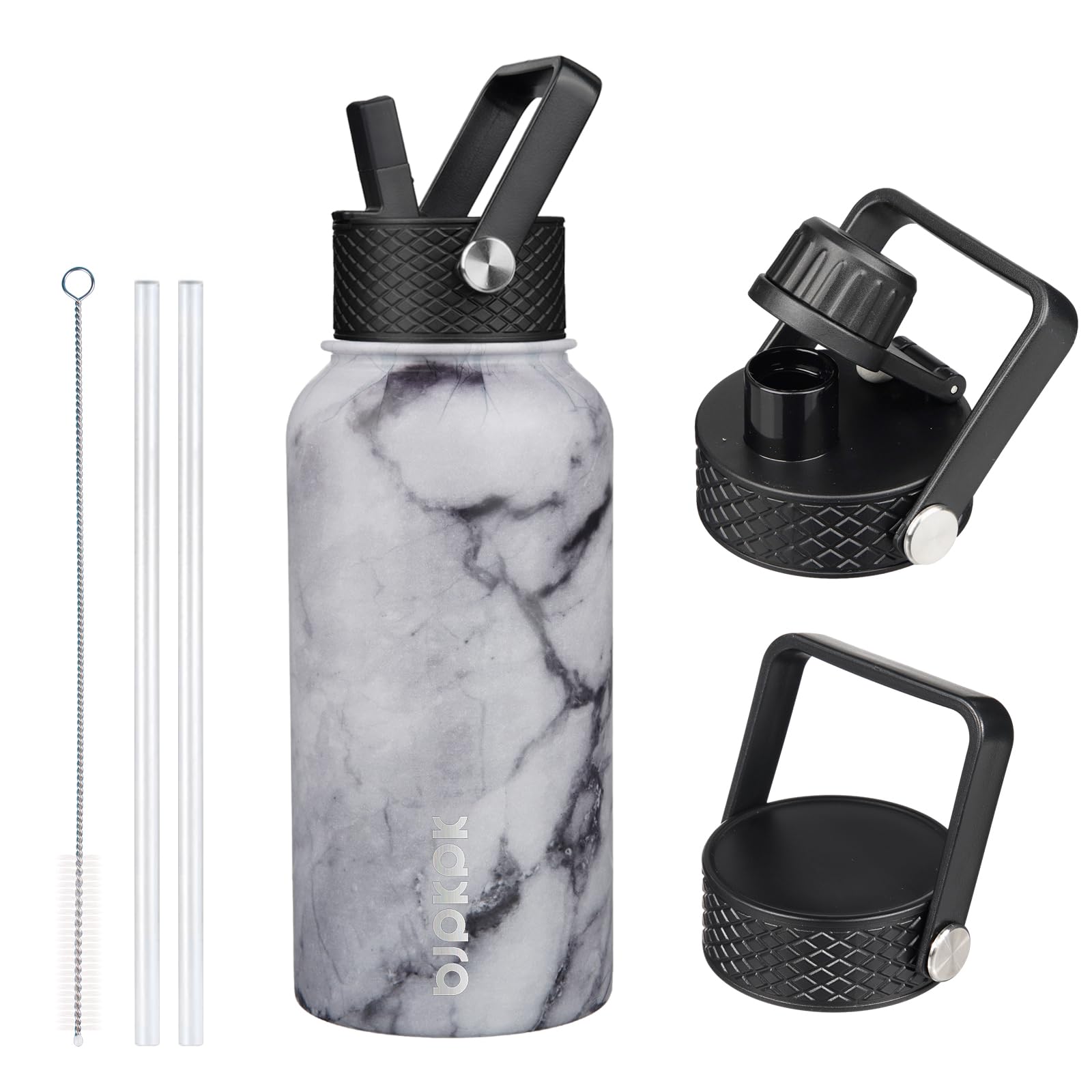 BJPKPK Insulated Water Bottles with Straw Lid, 18oz Stainless Steel Metal Water Bottle, Cold Hot Thermo with 3 Lids, Leak Proof BPA Free Travel Cup, Wide Mouth Flasks, Thermo -Mint