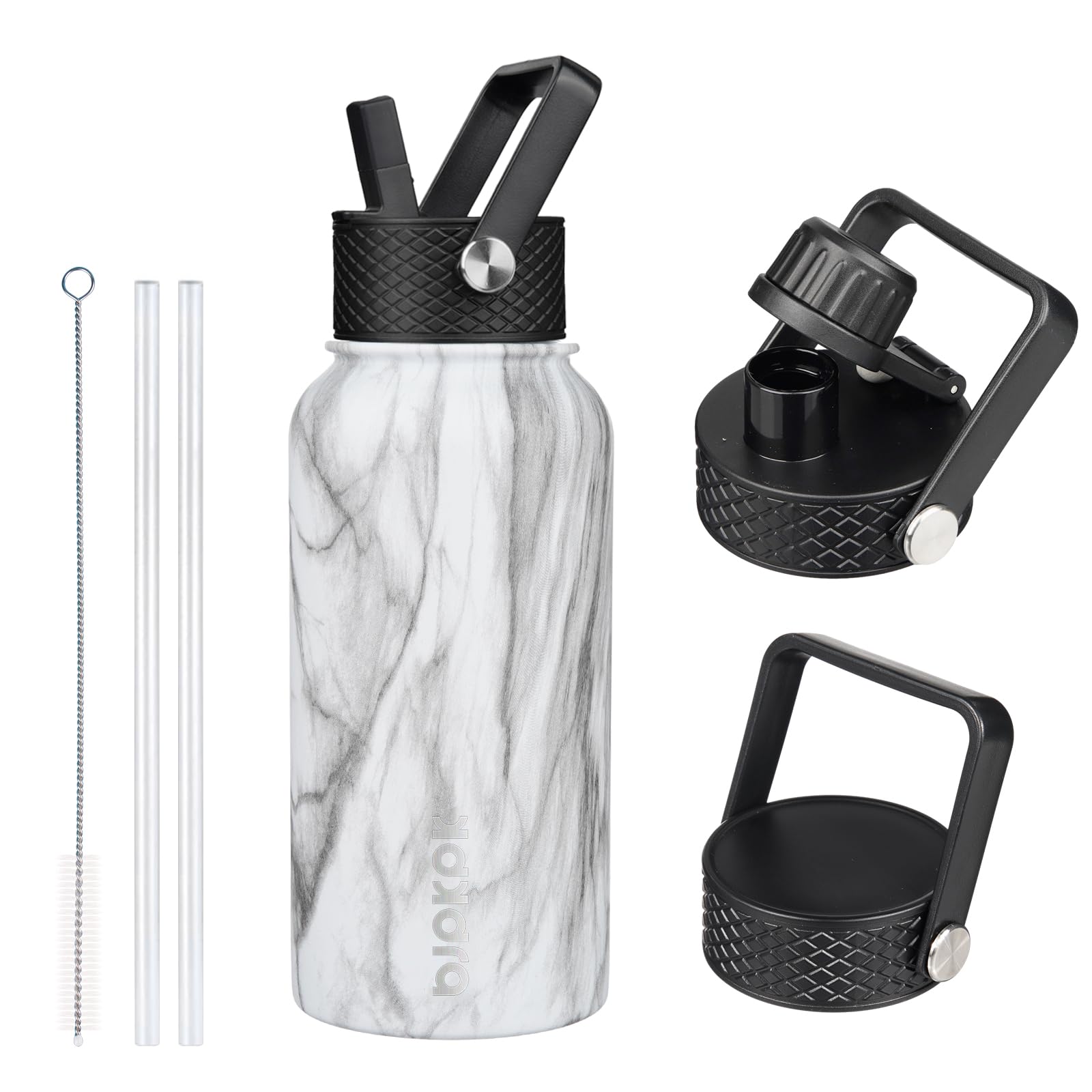 BJPKPK Insulated Water Bottles with Straw Lid, 18oz Stainless Steel Metal Water Bottle, Cold Hot Thermo with 3 Lids, Leak Proof BPA Free Travel Cup, Wide Mouth Flasks, Thermo -Mint