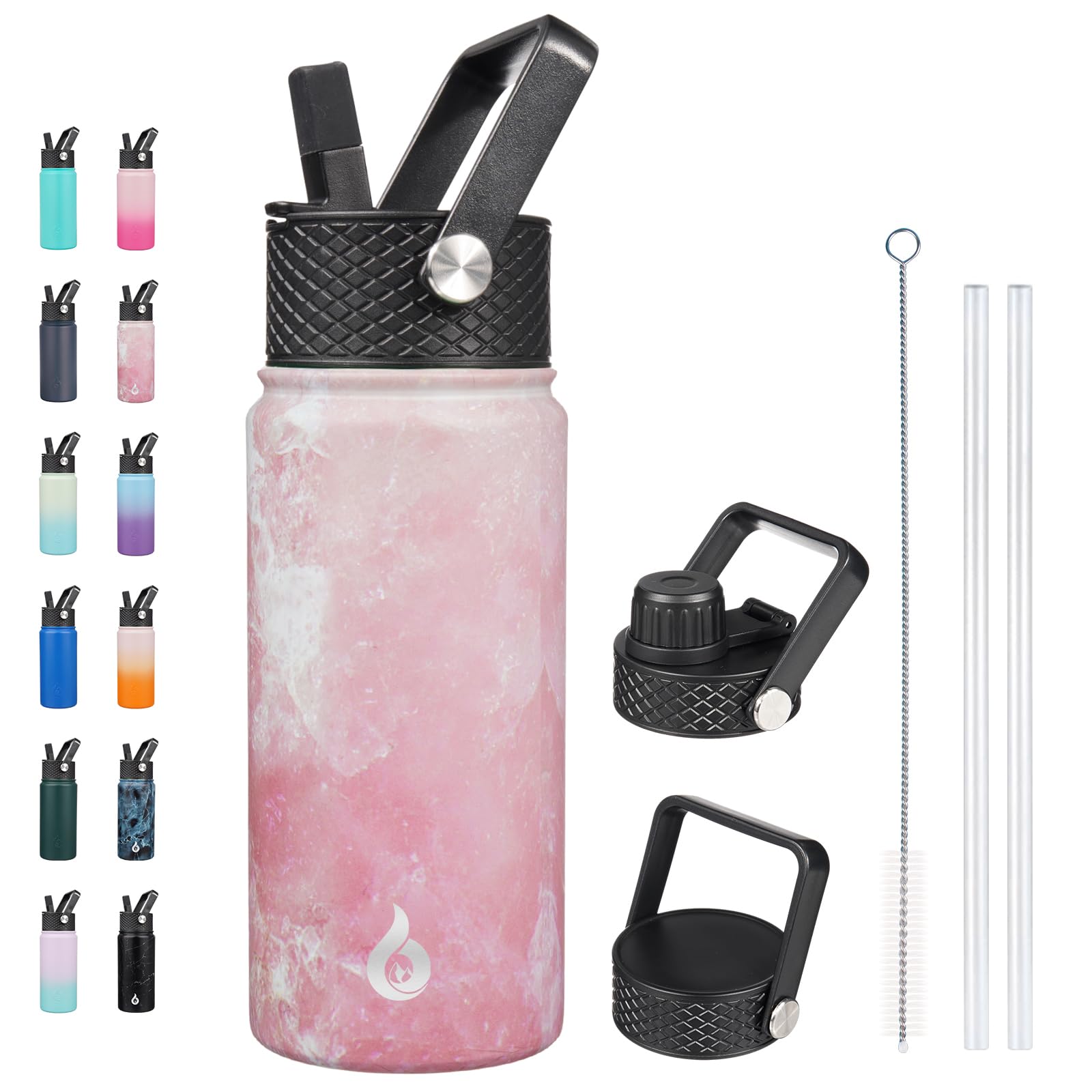 BJPKPK Insulated Water Bottles with Straw Lid, 18oz Stainless Steel Metal Water Bottle, Cold Hot Thermo with 3 Lids, Leak Proof BPA Free Travel Cup, Wide Mouth Flasks, Thermo -Mint