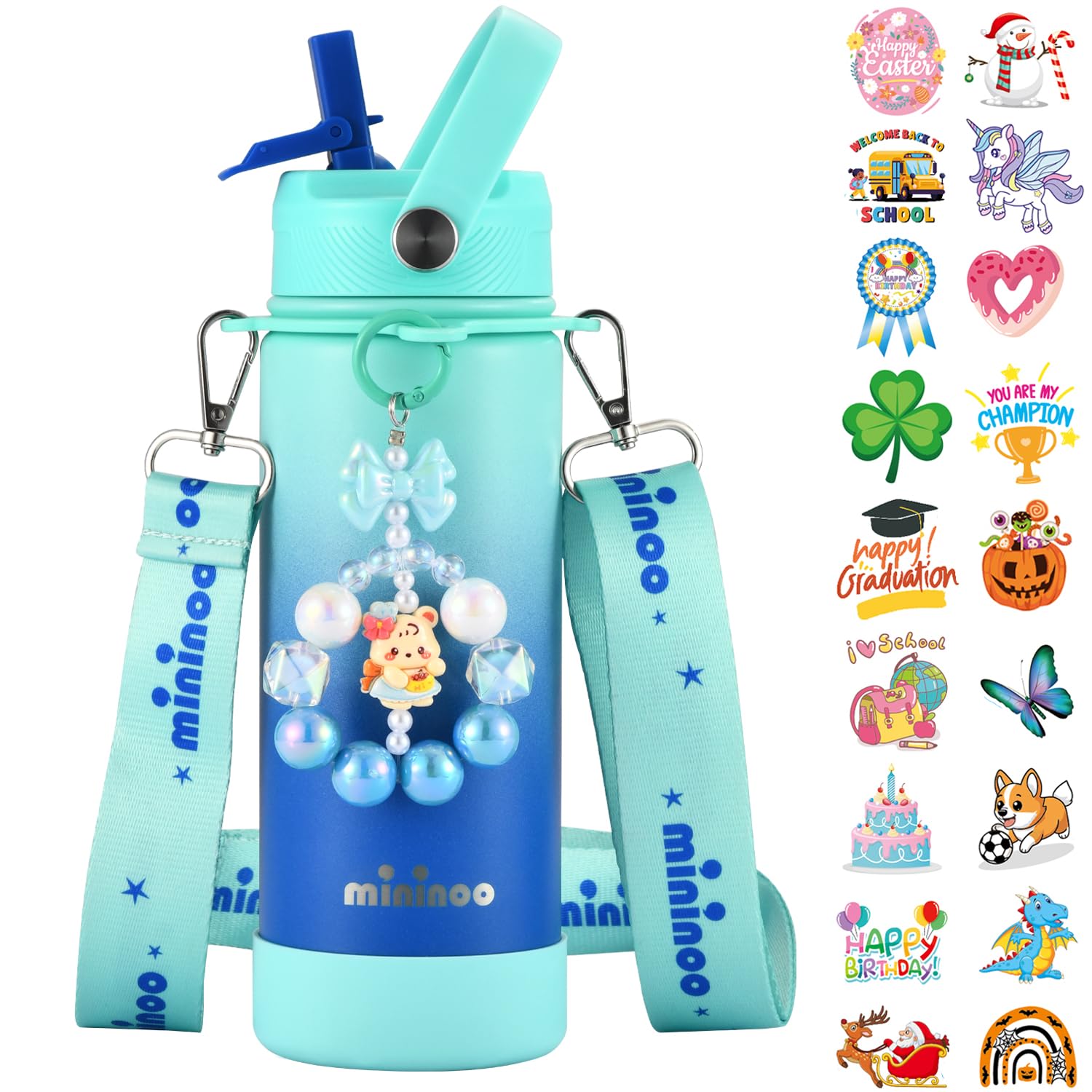 Mininoo Insulated Stainless Steel Kids Water Bottle for School with Straw Lid & Strap, 50 Stickers, 18 oz(Purple/Pink)