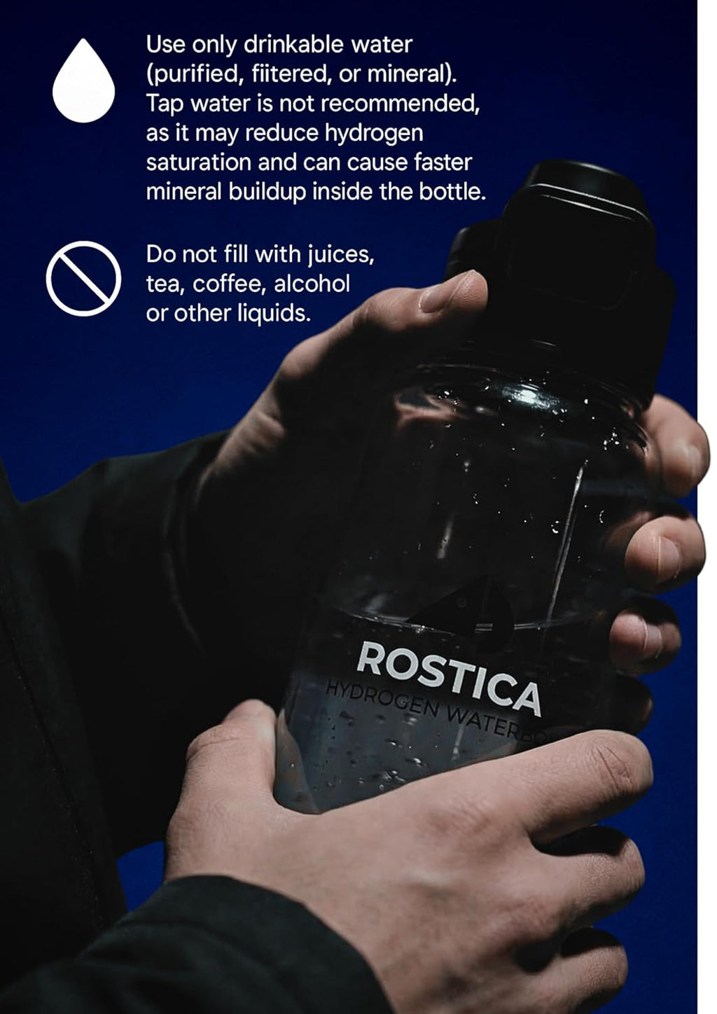 Hydrogen Water Bottle Generator 1 L (34 oz) – Reusable, Portable Glass Hydrogen Water Maker with SPE PEM Technology, Rechargeable H2 Bottle for Home, Gym & Office by ROSTICA