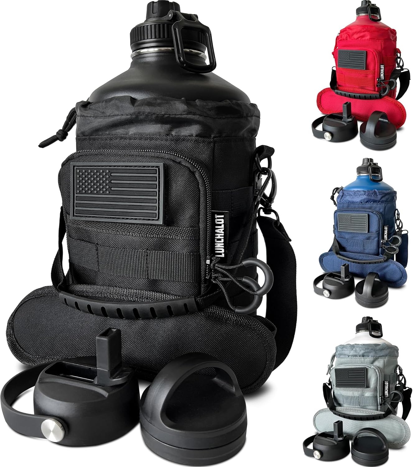 1 Gallon Water Bottle - 128 Oz Insulated Stainless Steel Metal Water Bottle with Holder - Carrying Bag - Spout Handle - Straw Lids - Keep Cold & Hot - Black Tactical Flask