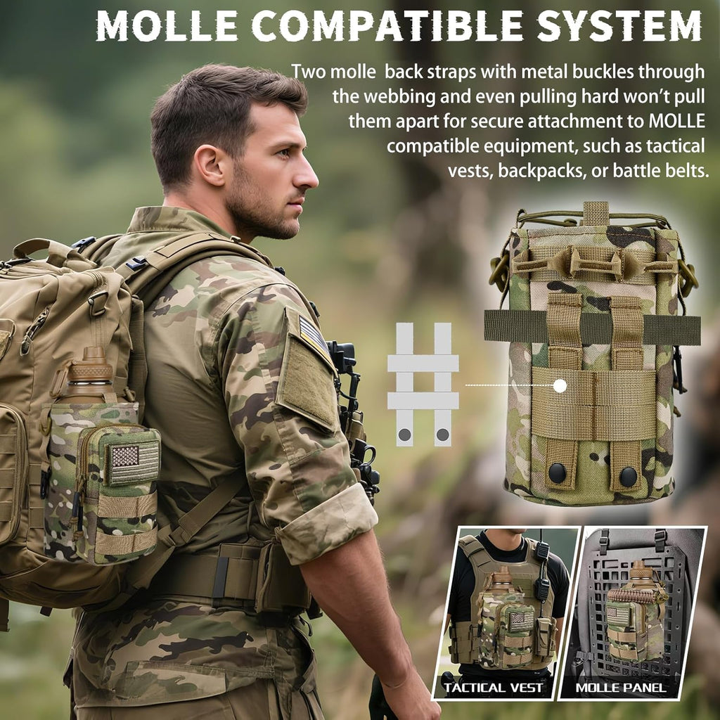 Half Gallon Water Bottle Insulated with Sleeve - Tactical 64 oz Stainless Steel Water Jug with MOLLE Water Bottle Pouch, Gym Water Bottles for Men Hiking Workout (CP Camo)