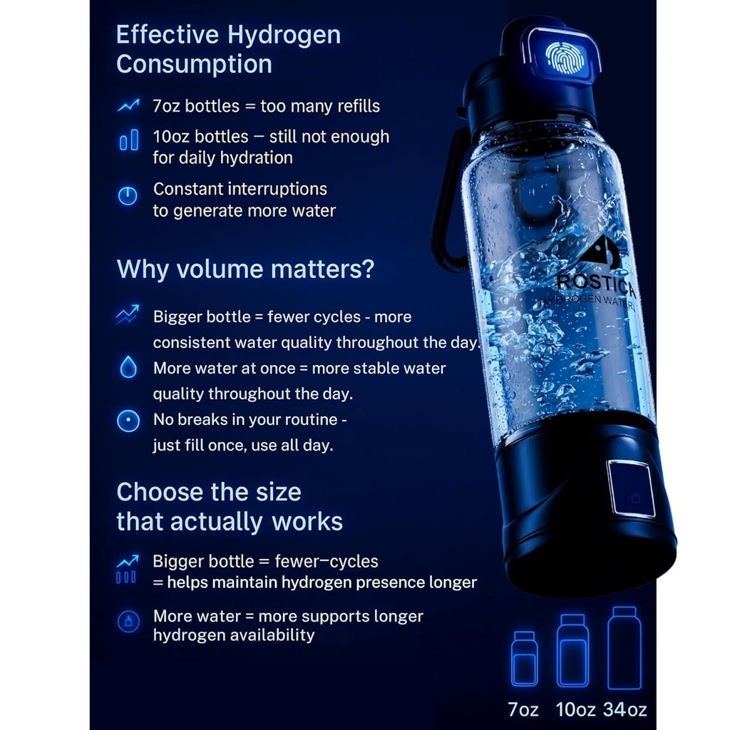Hydrogen Water Bottle Generator 1 L (34 oz) – Reusable, Portable Glass Hydrogen Water Maker with SPE PEM Technology, Rechargeable H2 Bottle for Home, Gym & Office by ROSTICA