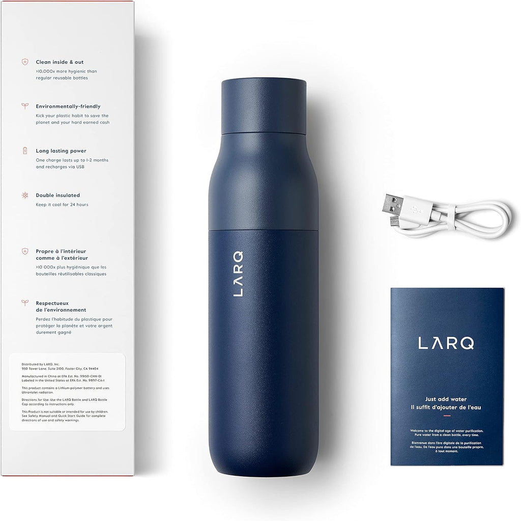 LARQ Bottle PureVis 25 oz - Self-Cleaning and Insulated Stainless Steel Water Bottle with UV Water Purifier and Award-winning Design | Reusable & Travel Friendly, Monaco Blue
